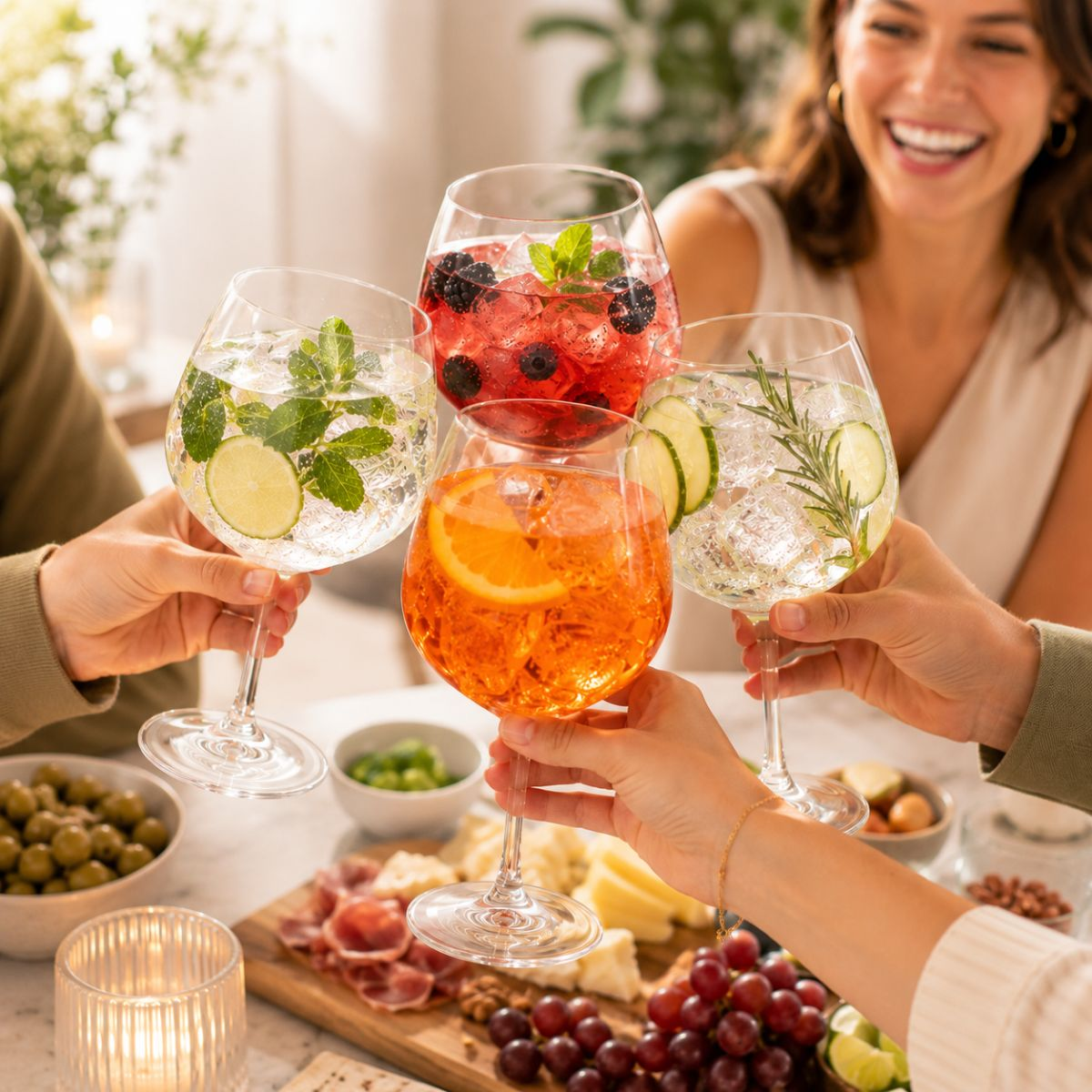 Four people toast with different colorful cocktails and aperitifs at a set table.