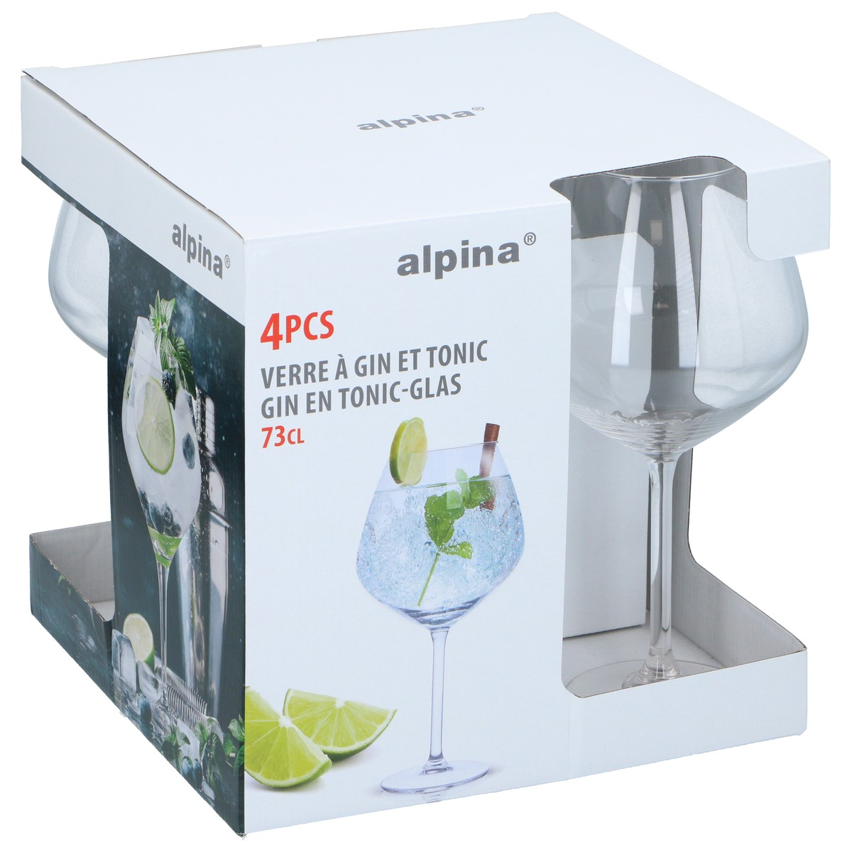 Packaging with four Alpina gin and tonic glasses, 73cl, featuring images of cocktails and limes.