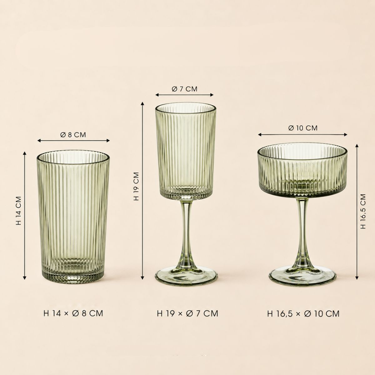 Three green ribbed glassware items with dimensions on a beige background.