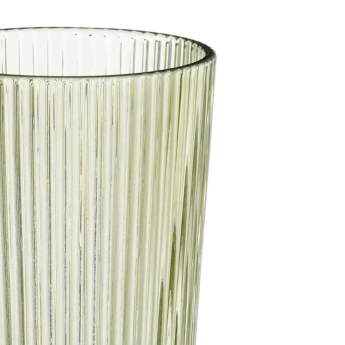 Close-up of a ribbed light green glass vase against a white background.