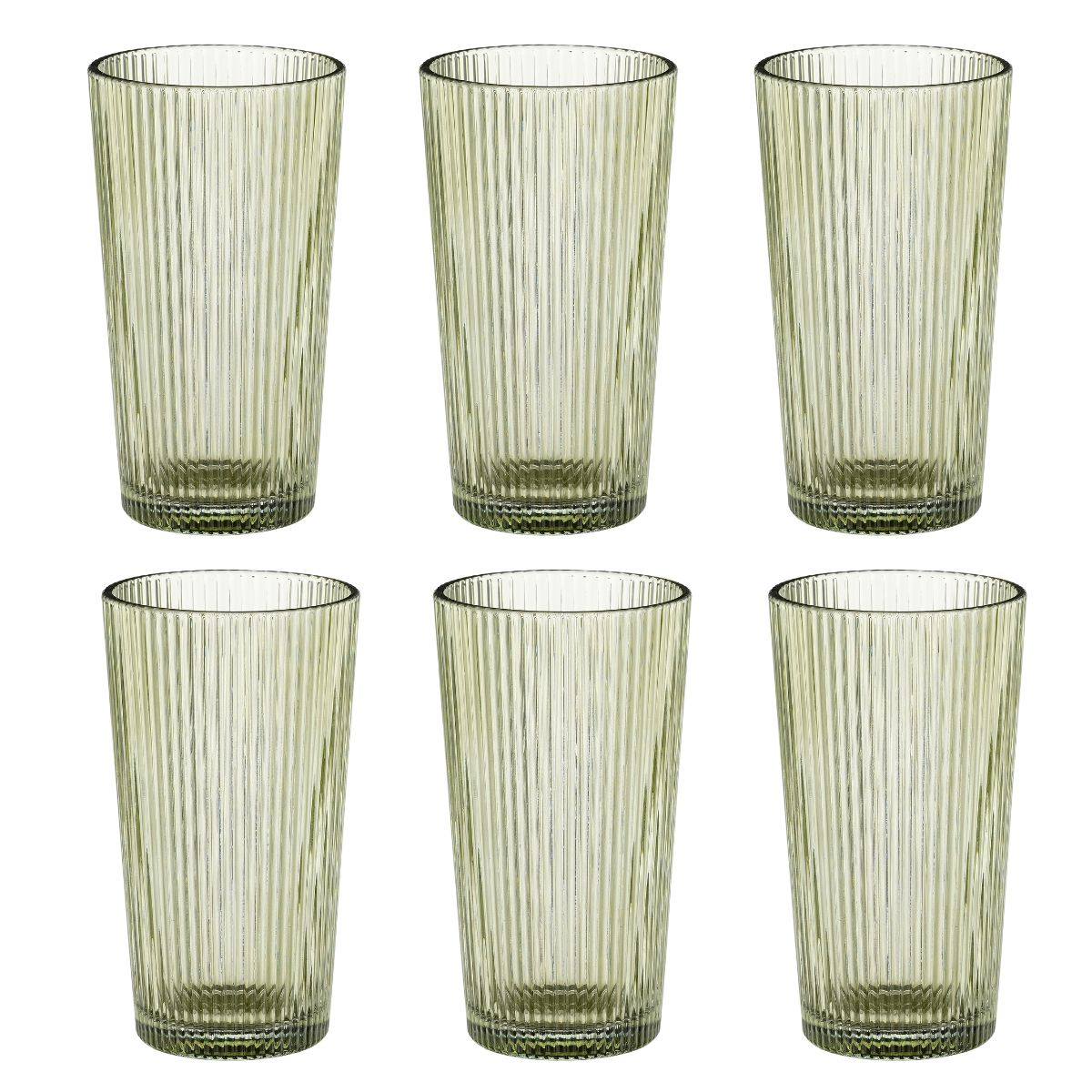 Six green, ribbed glasses arranged in two rows on a white background.