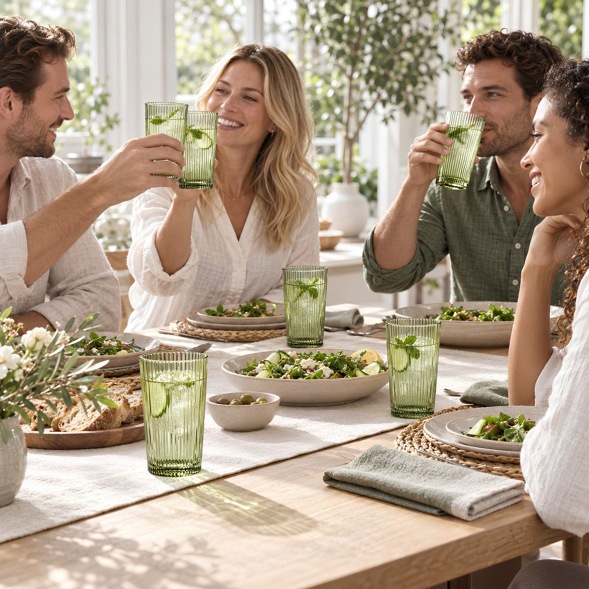 Four people toast with green glasses at a bright table set with salads.