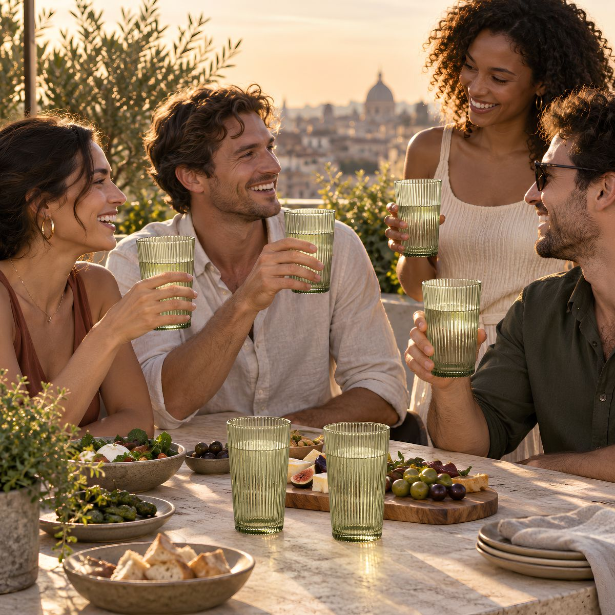 Four friends smile and toast with ribbed green glasses at an outdoor table with food, against a city sunset background.
