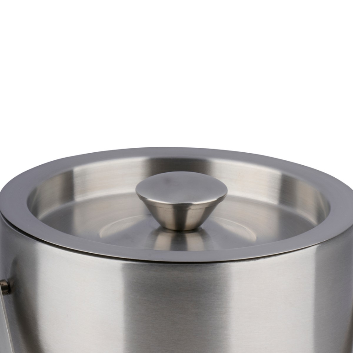 A shiny stainless steel ice bucket with a lid and round handle on a white background.