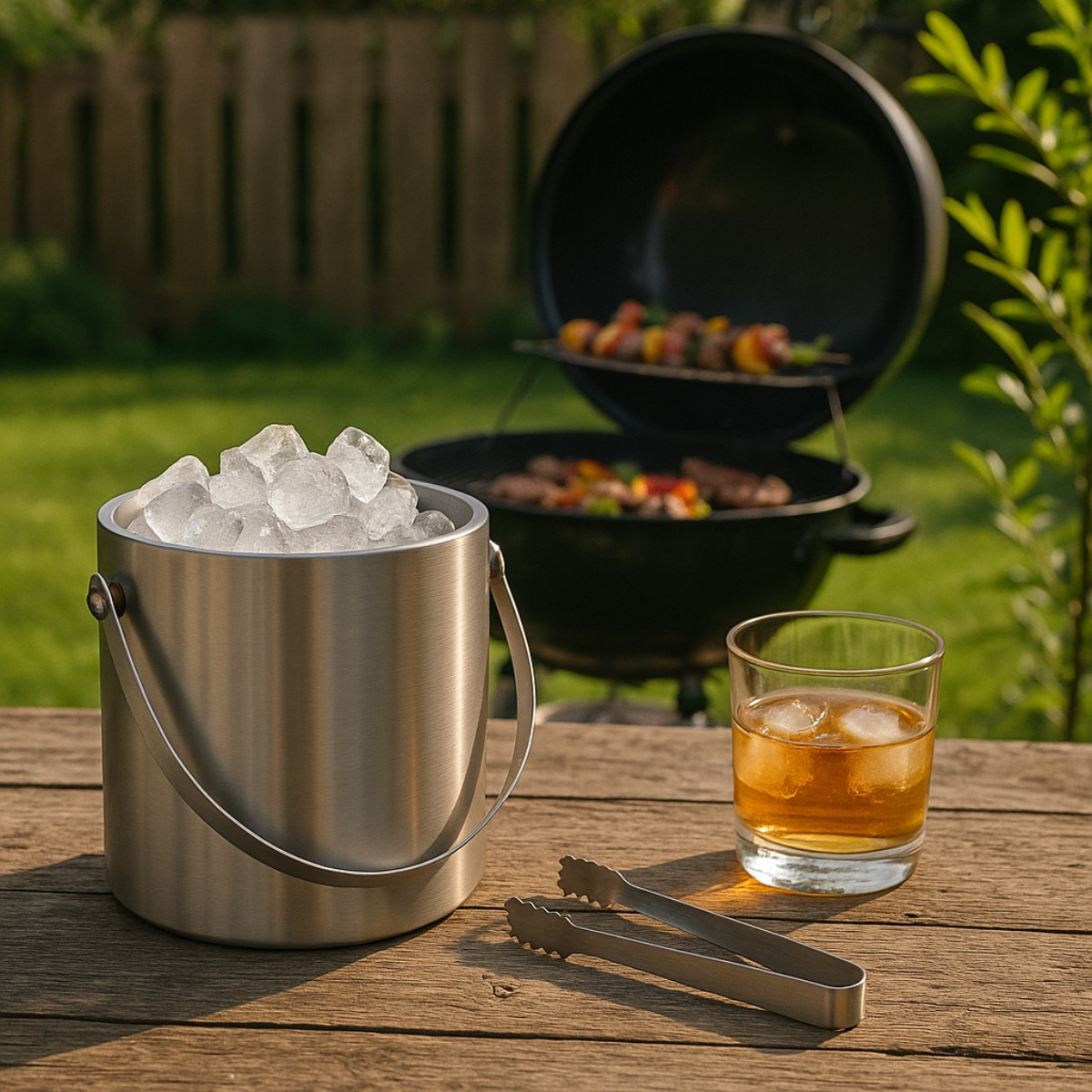 A stainless steel ice bucket, tongs, and a drink on a wooden table, with a barbecue grill in the background.