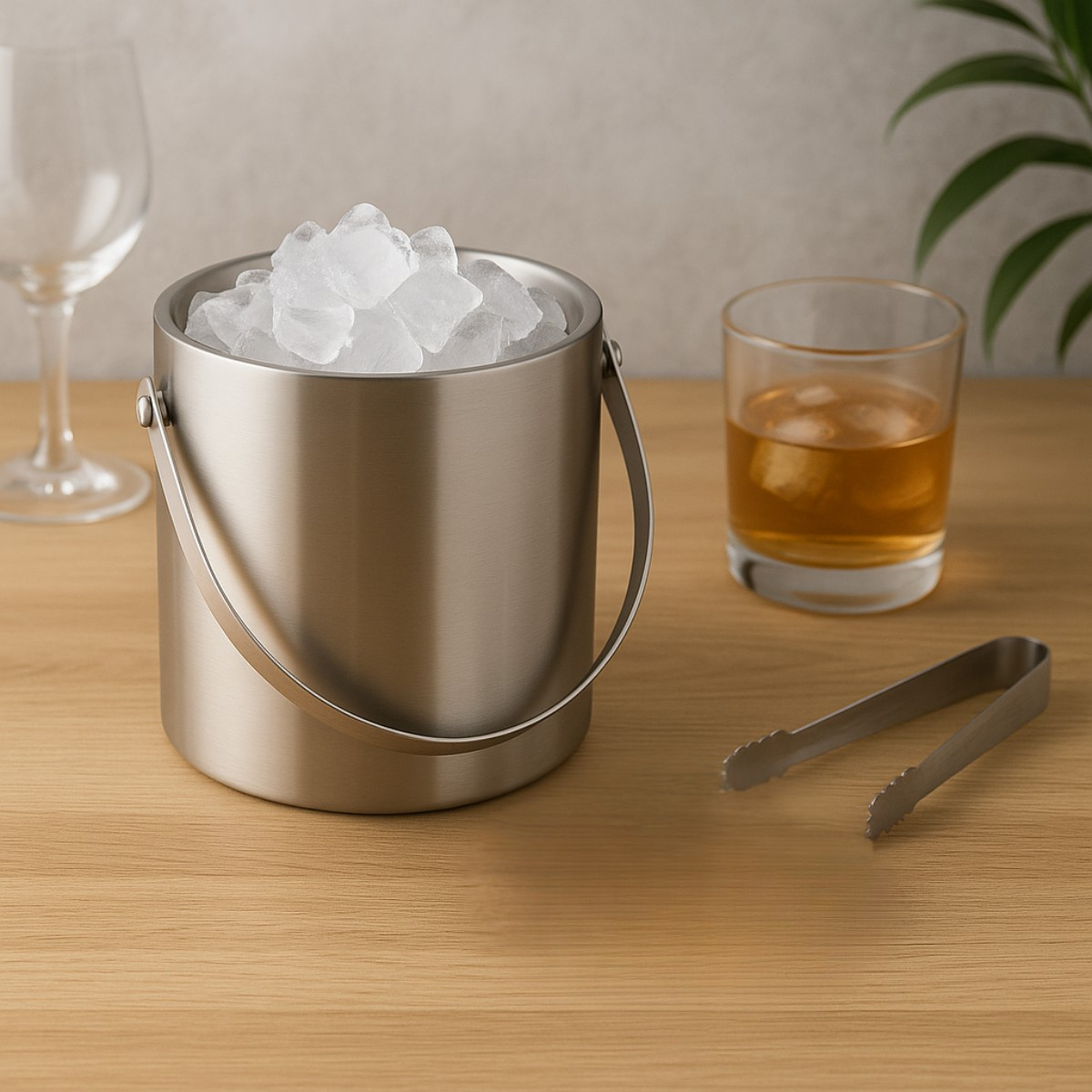 A stainless steel ice bucket filled with ice sits on a wooden table next to tongs, a glass of whiskey, and an empty wine glass.