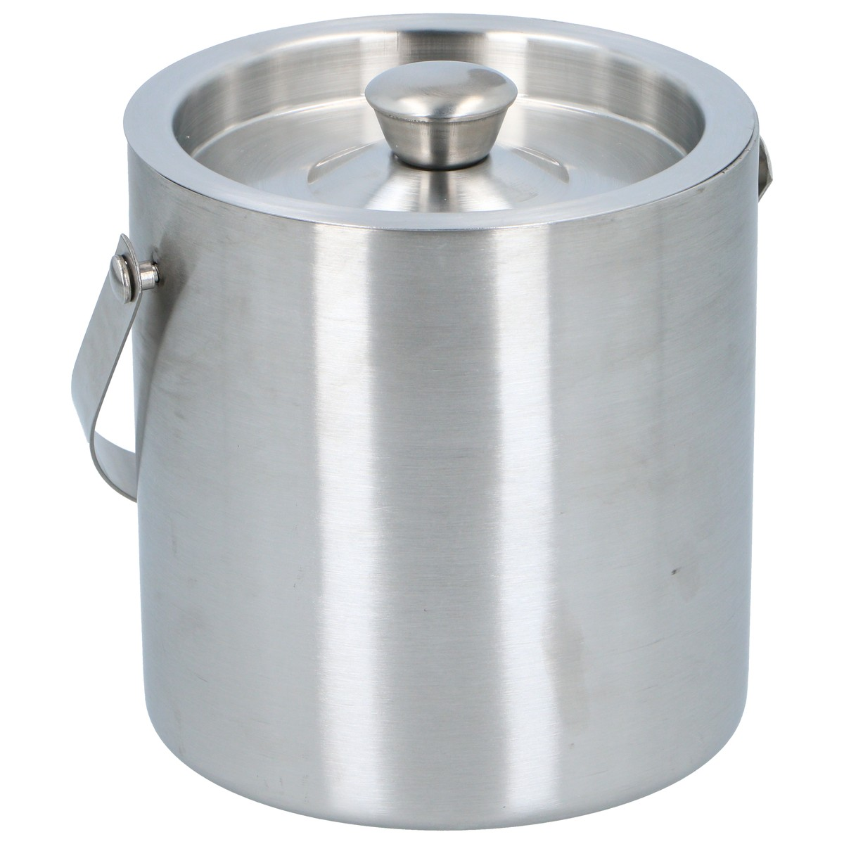 Stainless steel ice bucket with lid and carrying handle on a white background.