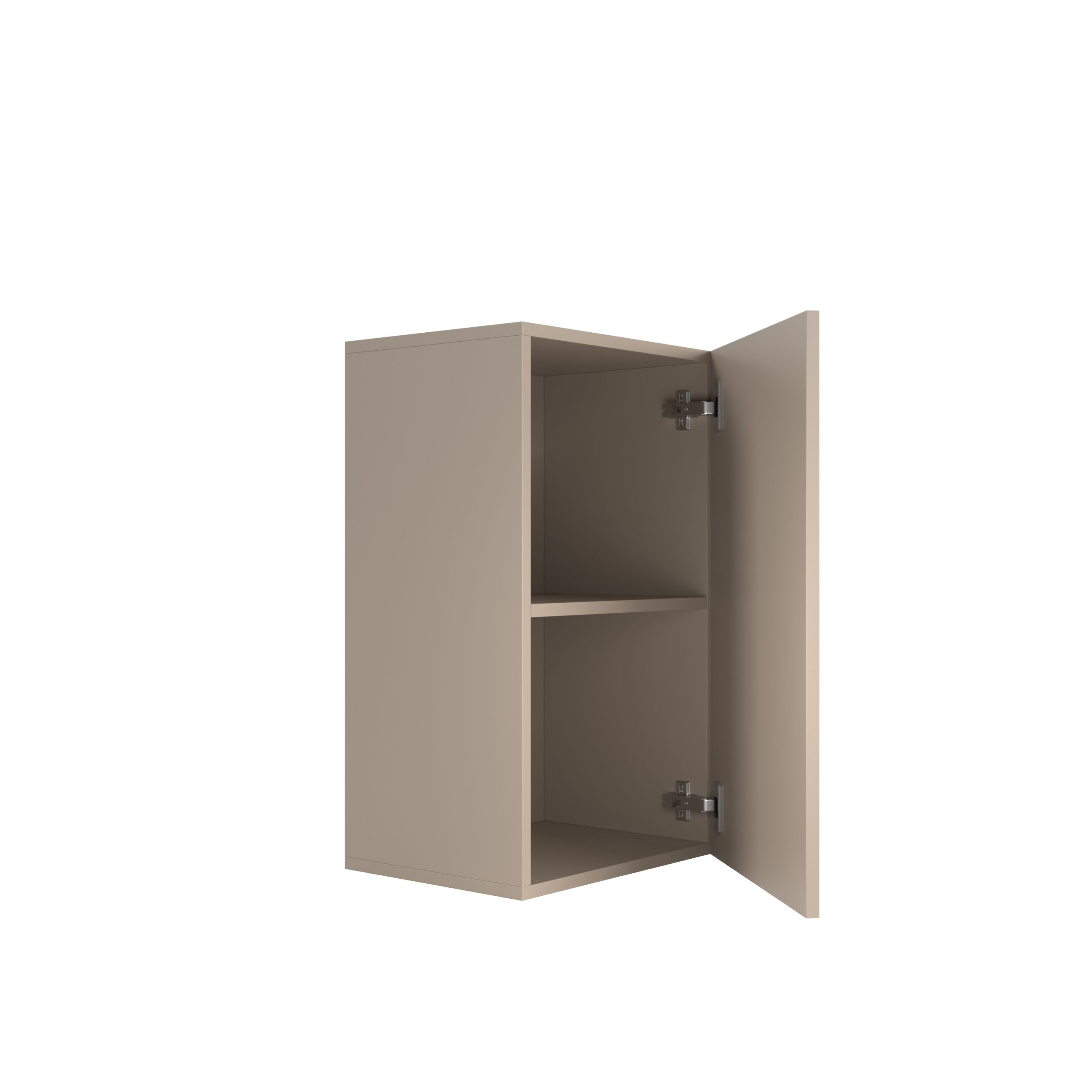Ein beiger Hängeschrank mit einer offenen Tür und einem Inneneinlegeboden vor weißem Hintergrund.