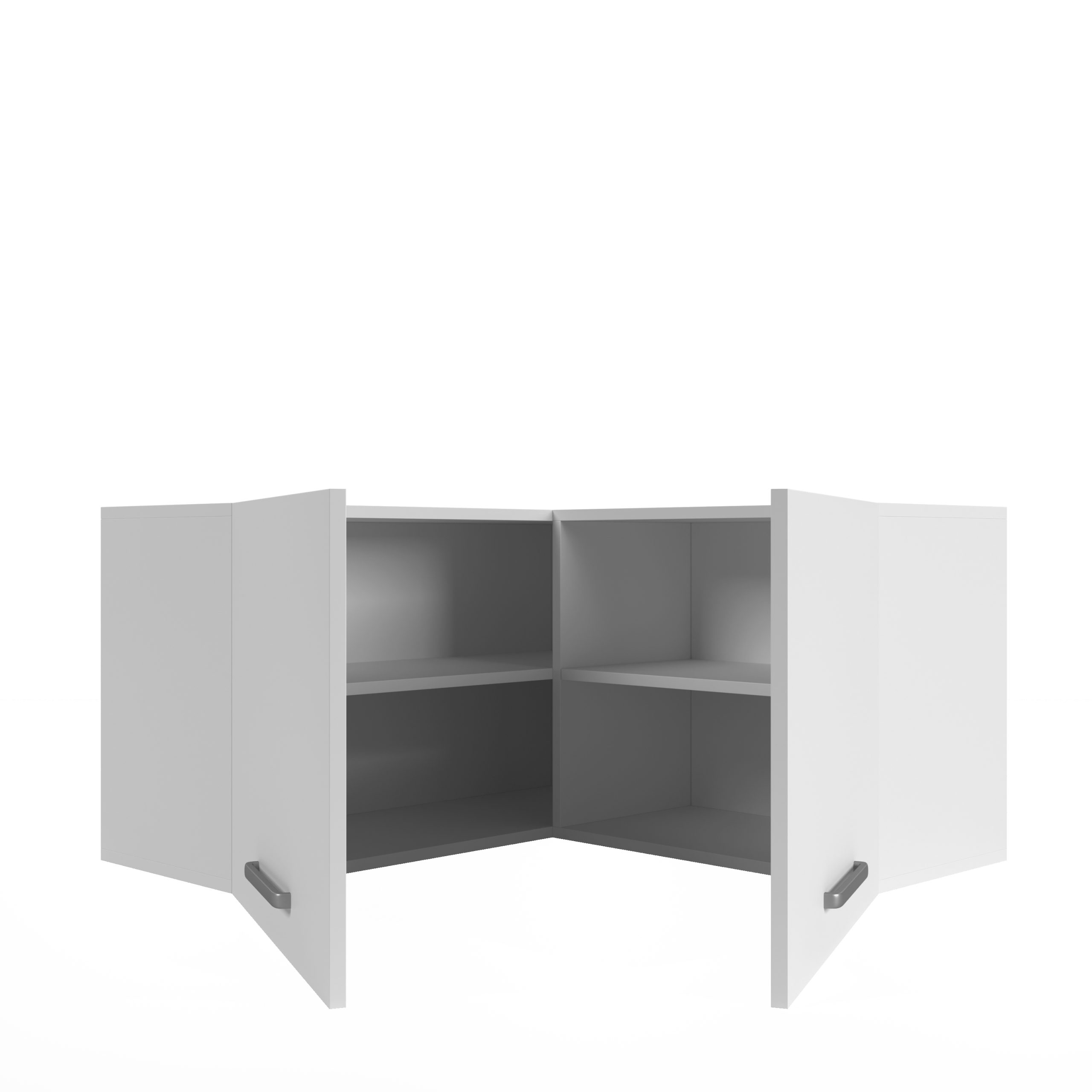 Ein weißer Eckwandschrank mit geöffneten Türen und silbernen Griffen vor weißem Hintergrund.