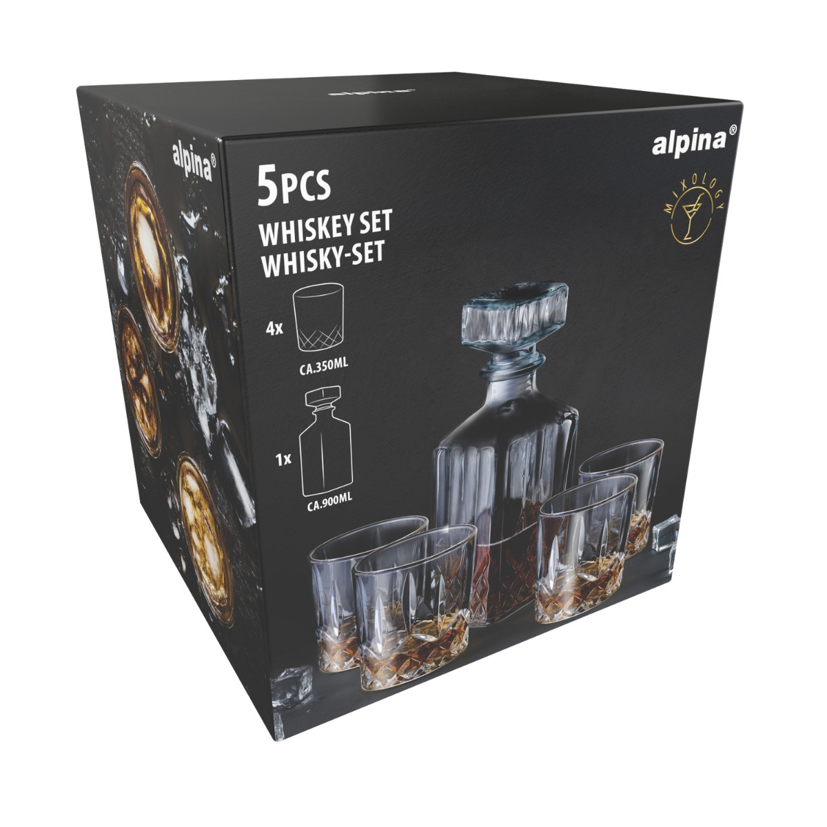 A black box for an Alpina 5-piece whiskey set, showing a decanter and four glasses.