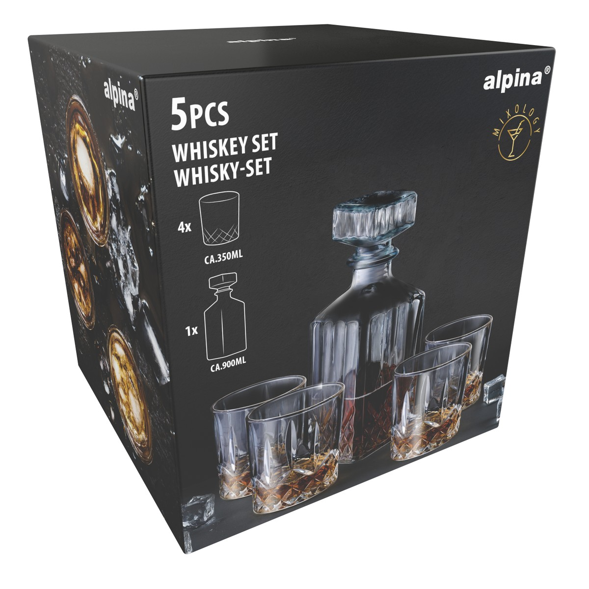 A black Alpina whiskey set box featuring a decanter, four glasses, ice cubes, and product details.