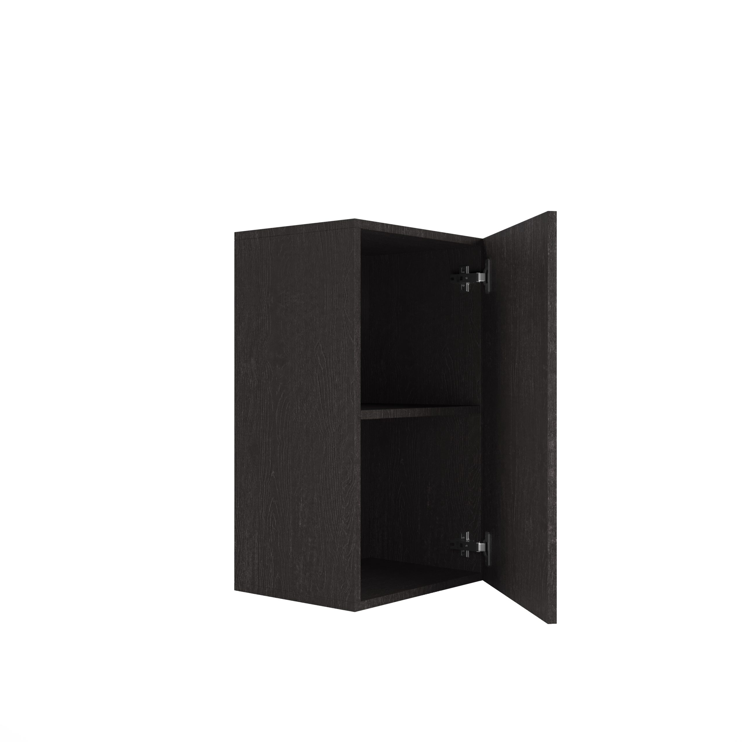 Ein schwarzer Wandschrank mit einer geöffneten Tür und einem Innenregal vor weißem Hintergrund.