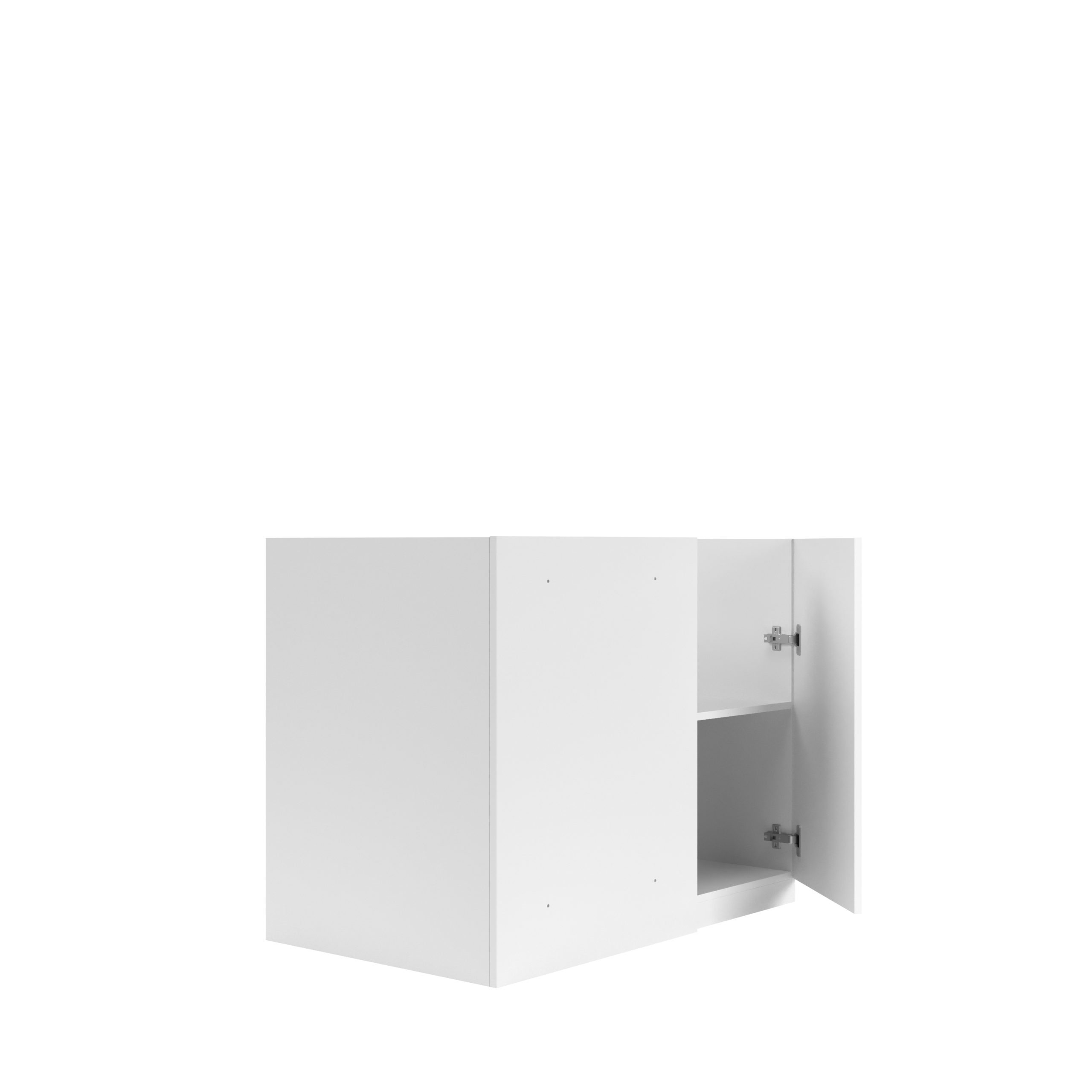 Ein weißer Wandschrank mit einer halboffenen Tür und einem Einlegeboden auf weißem Hintergrund.