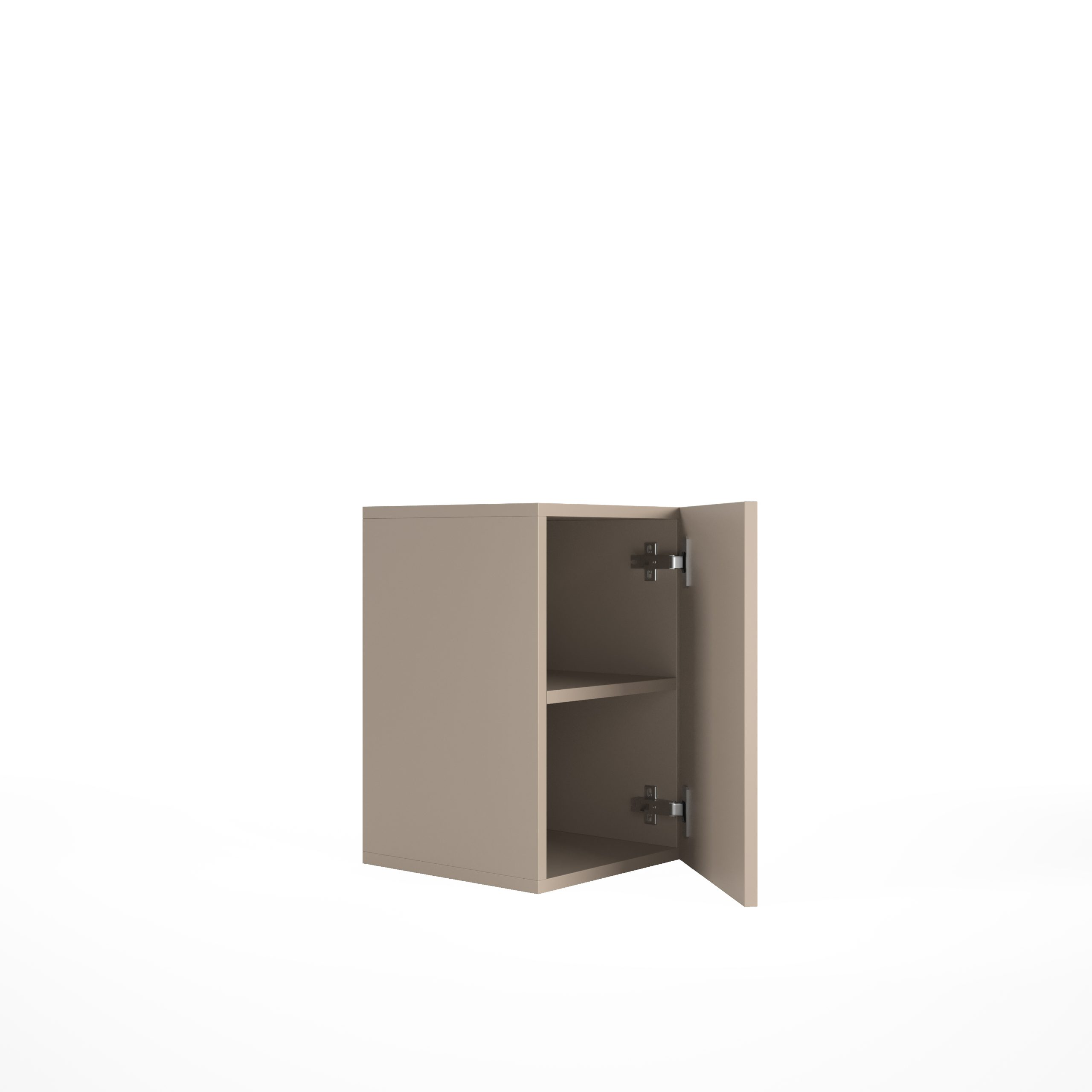 Ein beiger Wandschrank mit offener Tür zeigt ein inneres Regal und Metallscharniere vor weißem Hintergrund.