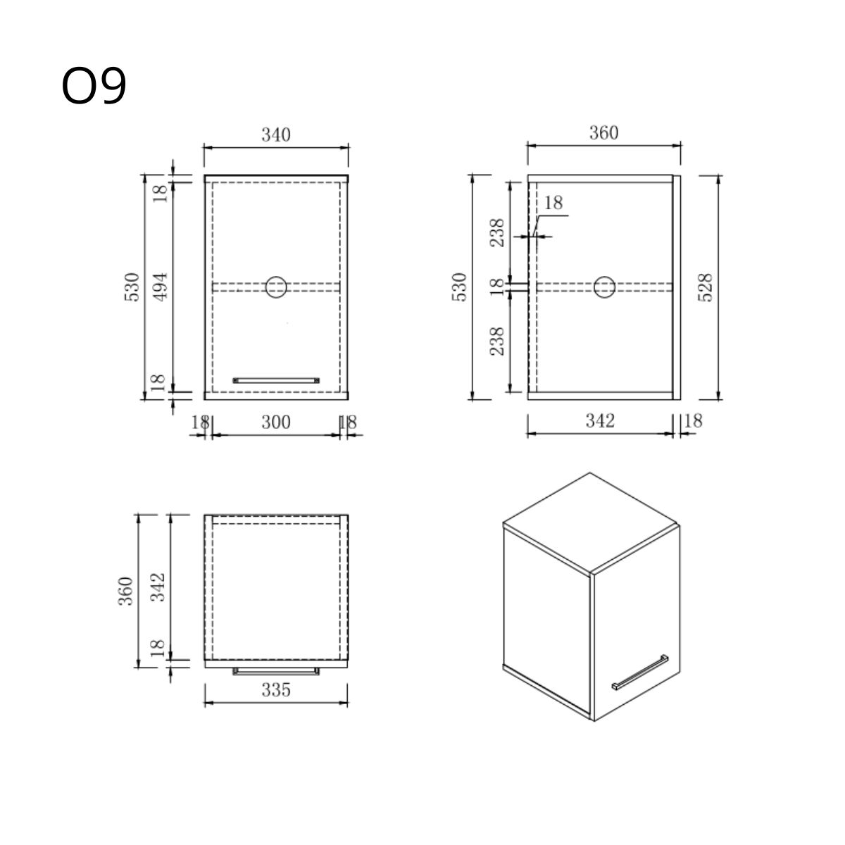 Technische Zeichnung mit Maßangaben und 3D-Ansicht eines kleinen Schranks.