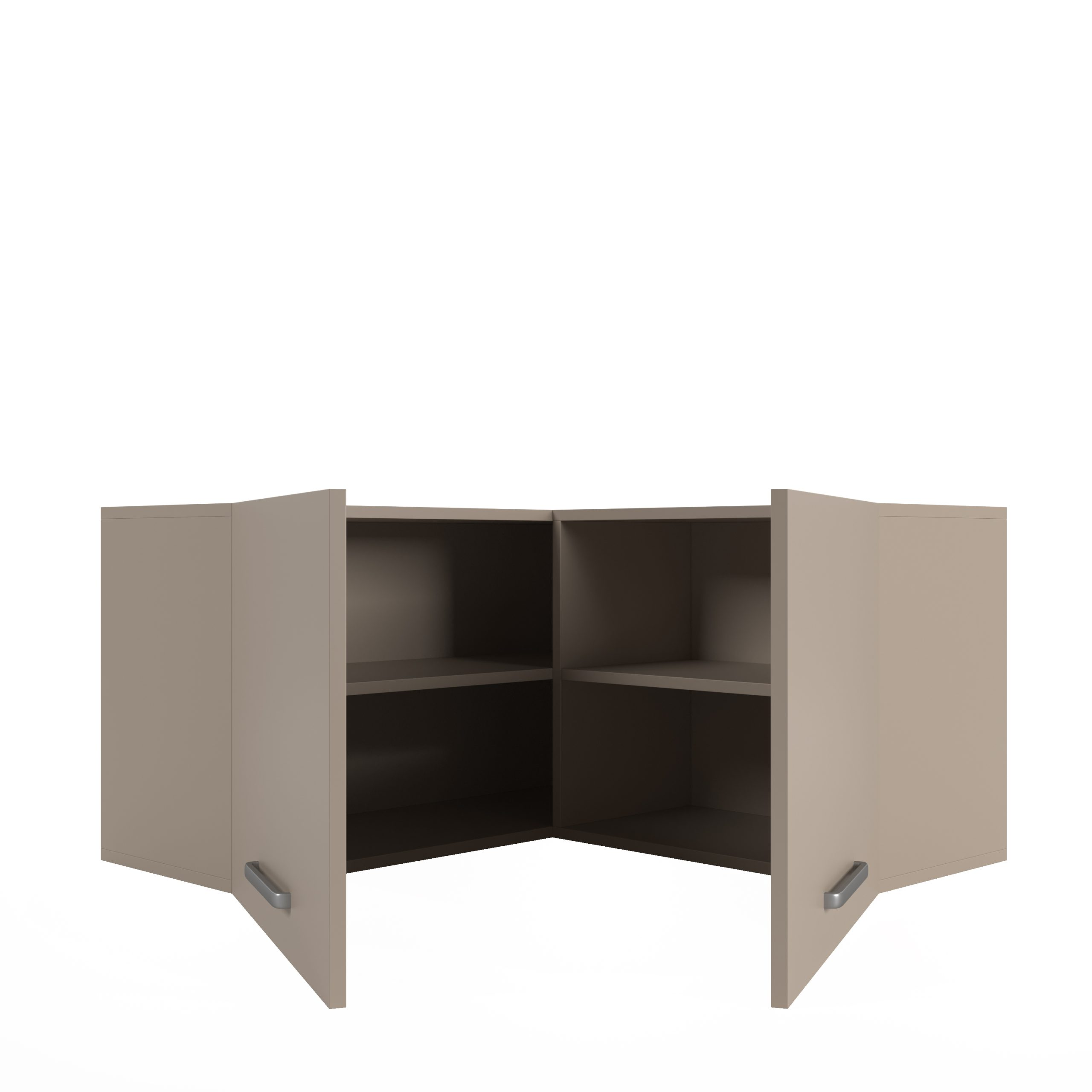 Ein beige Eckküchenschrank mit offenen Türen, die interne Regale vor weißem Hintergrund zeigen.