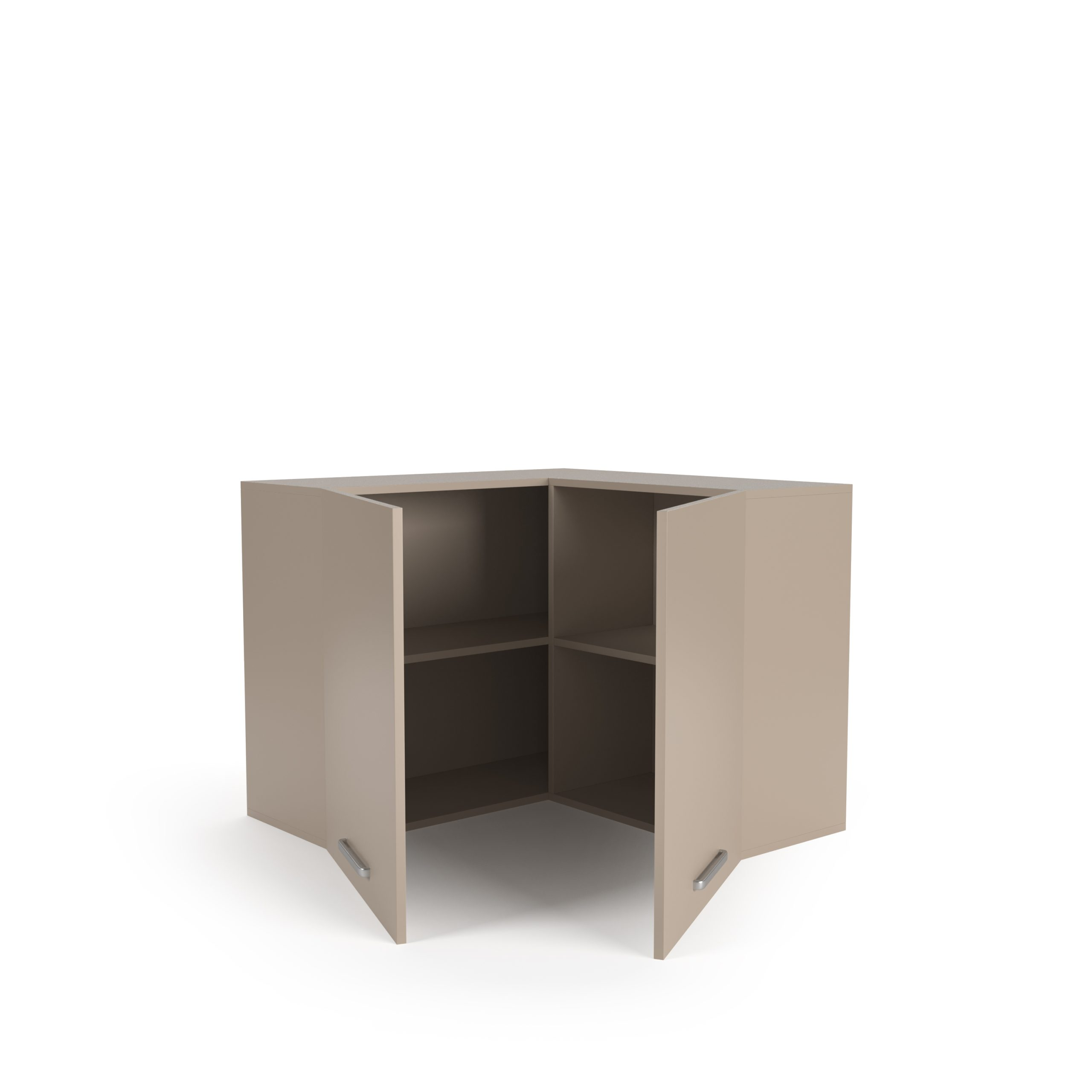 Ein beiger Eckschrank mit geöffneten Türen und integrierten Regalen auf weißem Hintergrund.