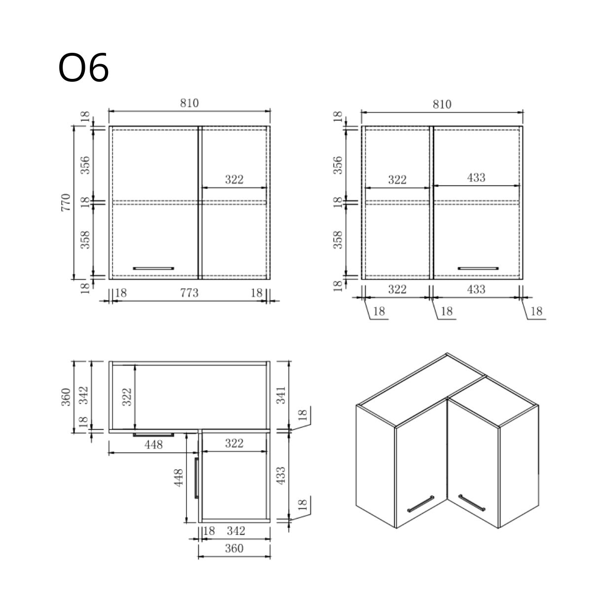 Technische Zeichnung mit Maßangaben für einen Eckwandschrank aus mehreren Blickwinkeln.