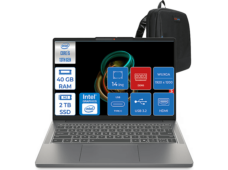 LENOVO IdeaPad Slim 3 DDR5 UHDGraphics 3S15IRH10F12 Intel Core i5-13420H 40 GB RAM 1 TB SSD 14 inç FreeDOS Laptop+Çanta Arctic Grey