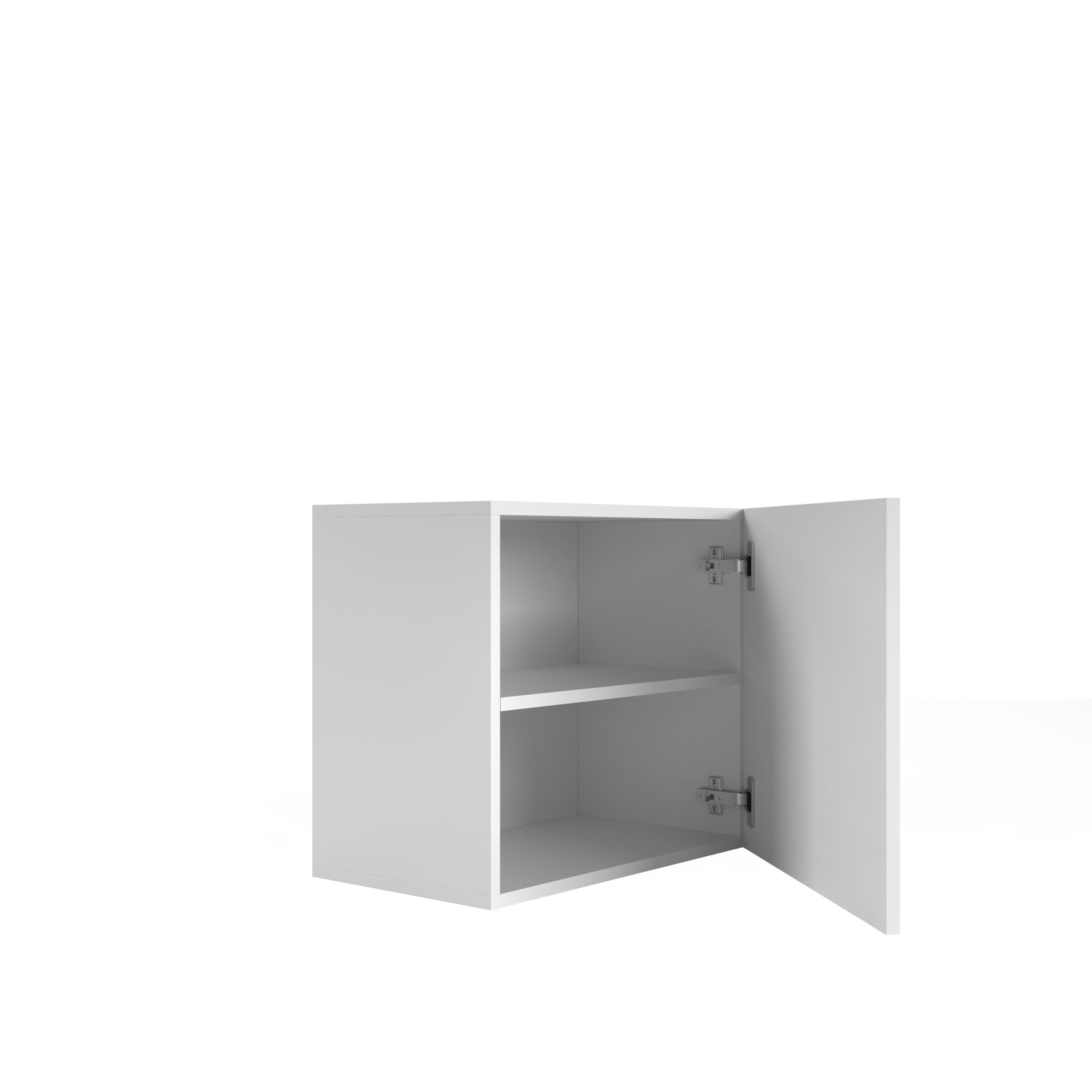 Ein weißer Wandschrank mit einer halboffenen Tür und einem Regalbrett im Inneren auf weißem Hintergrund.