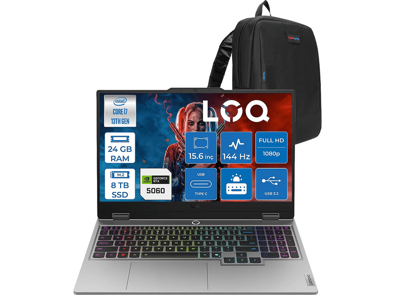 LENOVO Loq DDR5 8GB/RTX5060/100W 83JE01BETRF12 Intel Core i7-13645HX 24 GB RAM 8 TB SSD 15,6 inç FreeDOS Laptop+Çanta Luna Gri