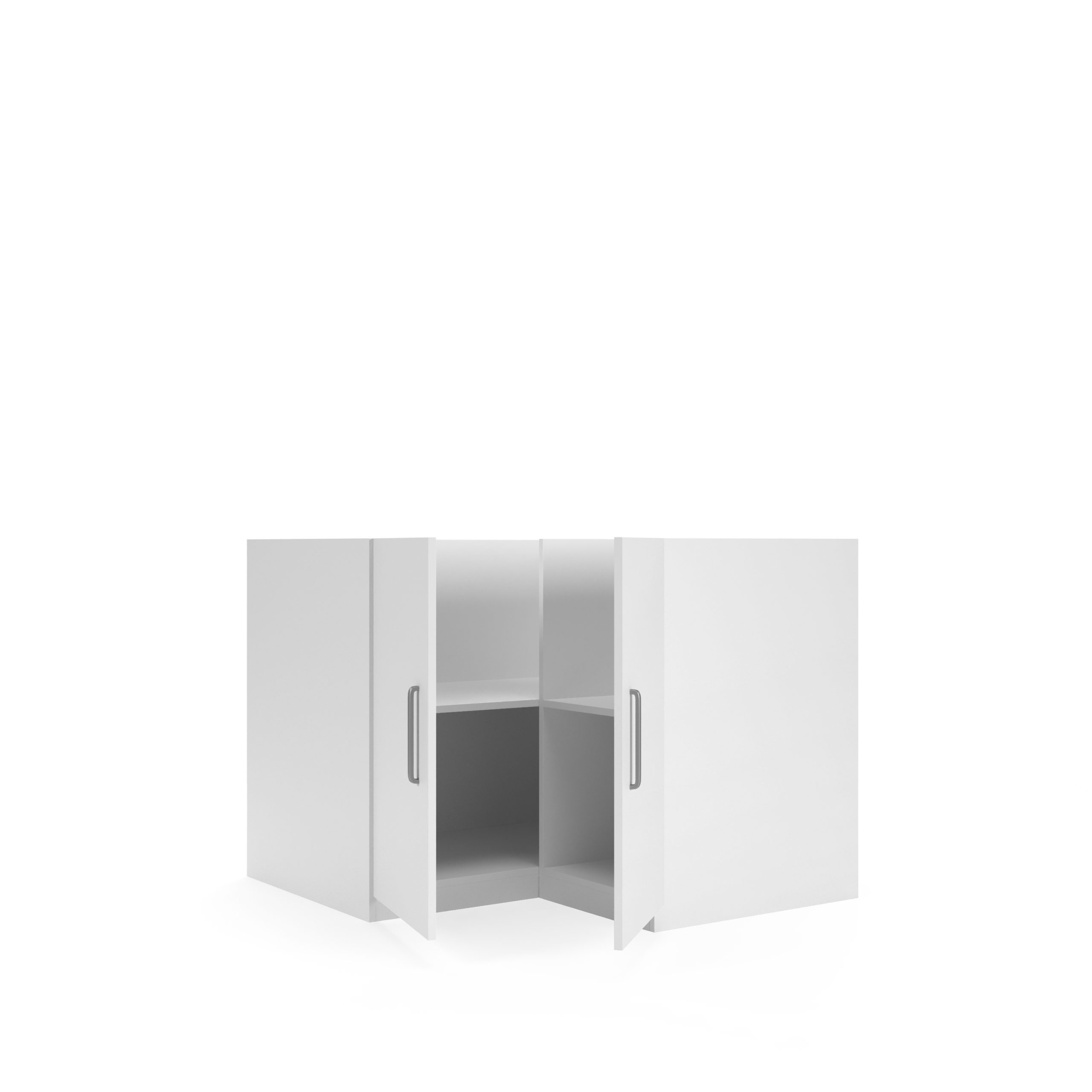 Ein weißer Eckschrank mit offenen Türen auf weißem Hintergrund.