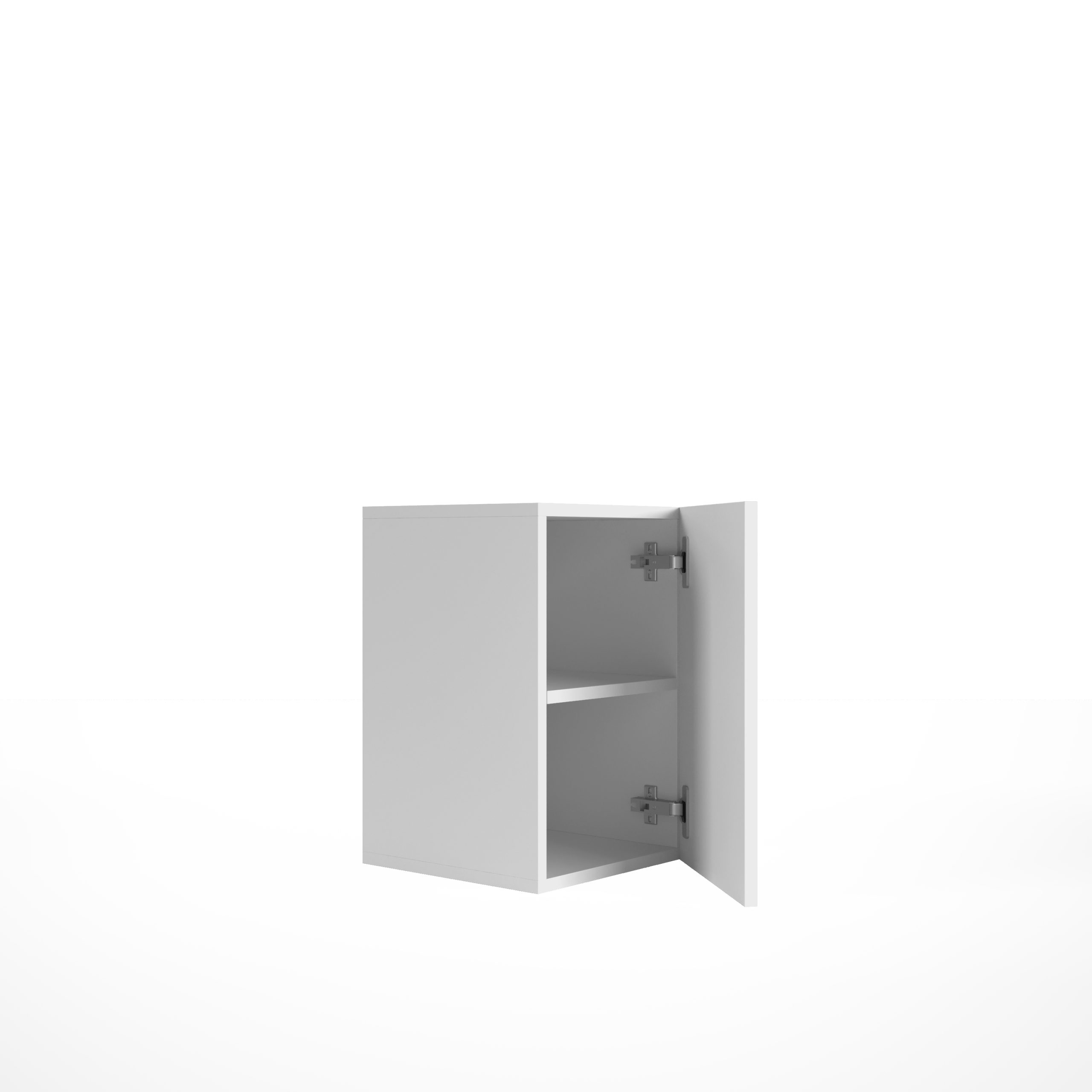 Kleiner weißer Hängeschrank mit einer halboffenen Tür, die das Innere mit zwei Fächern und Scharnieren zeigt.