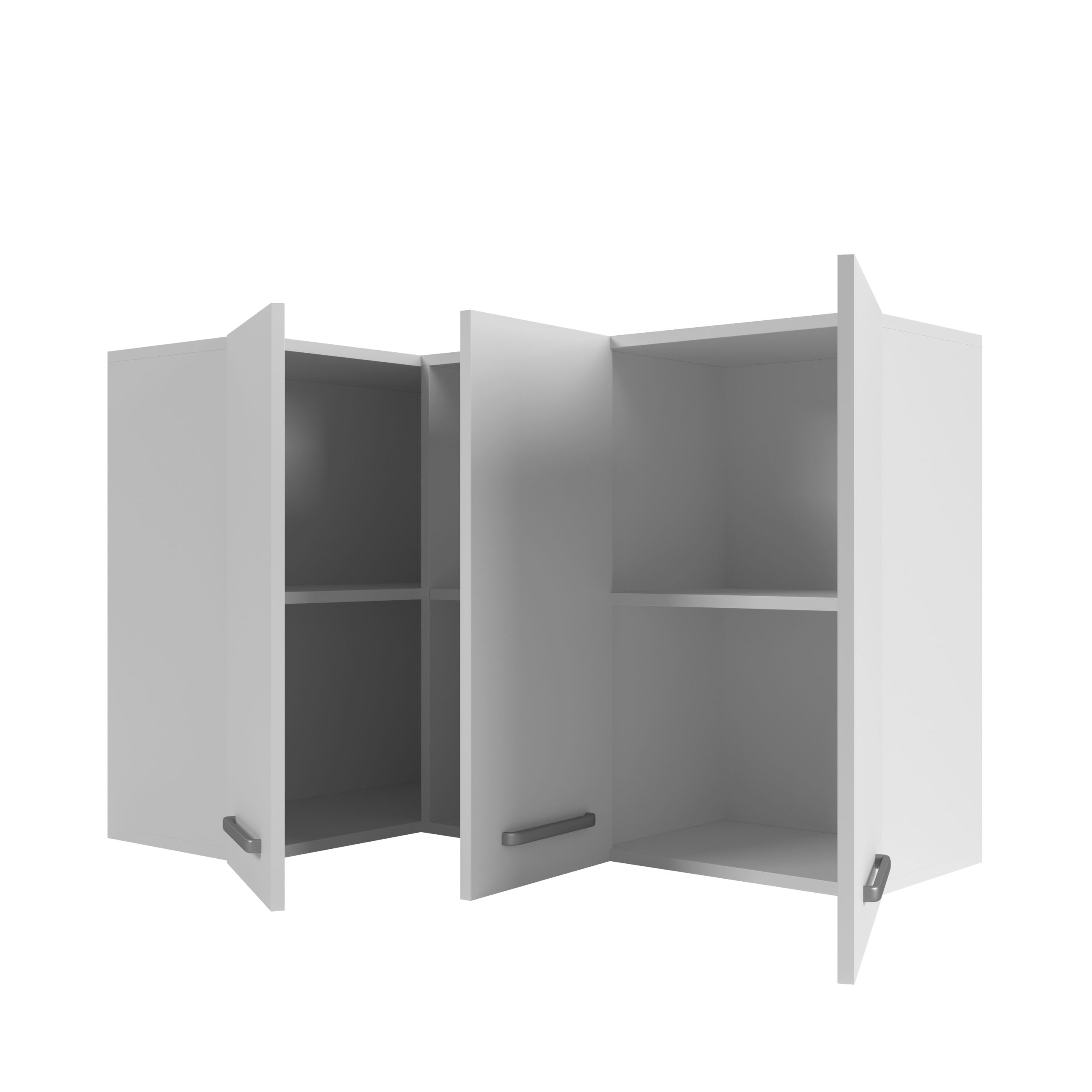 Ein weißer Wandschrank mit offenen Türen und grauen Griffen auf weißem Hintergrund.