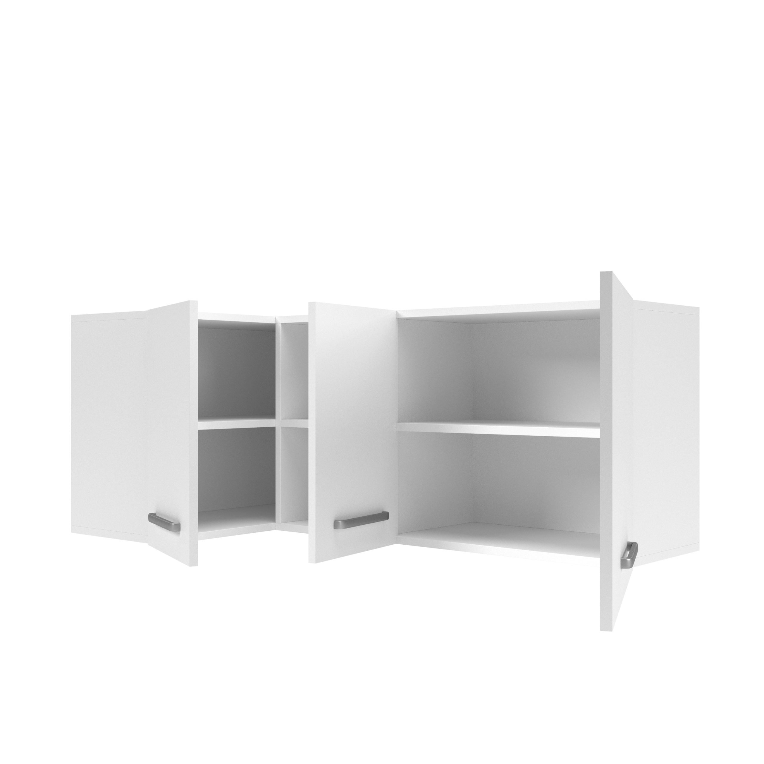 Ein weißer Eck-Wandschrank mit geöffneten Türen und Einlegeböden auf einem weißen Hintergrund.