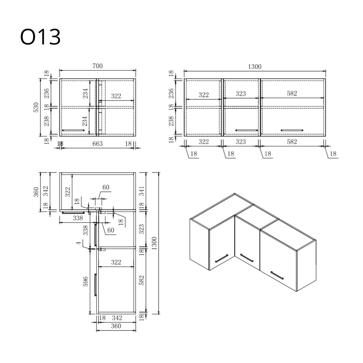 Technische Zeichnung mit Maßangaben für eine Eckküchenschrankkombination aus verschiedenen Ansichten und 3D.
