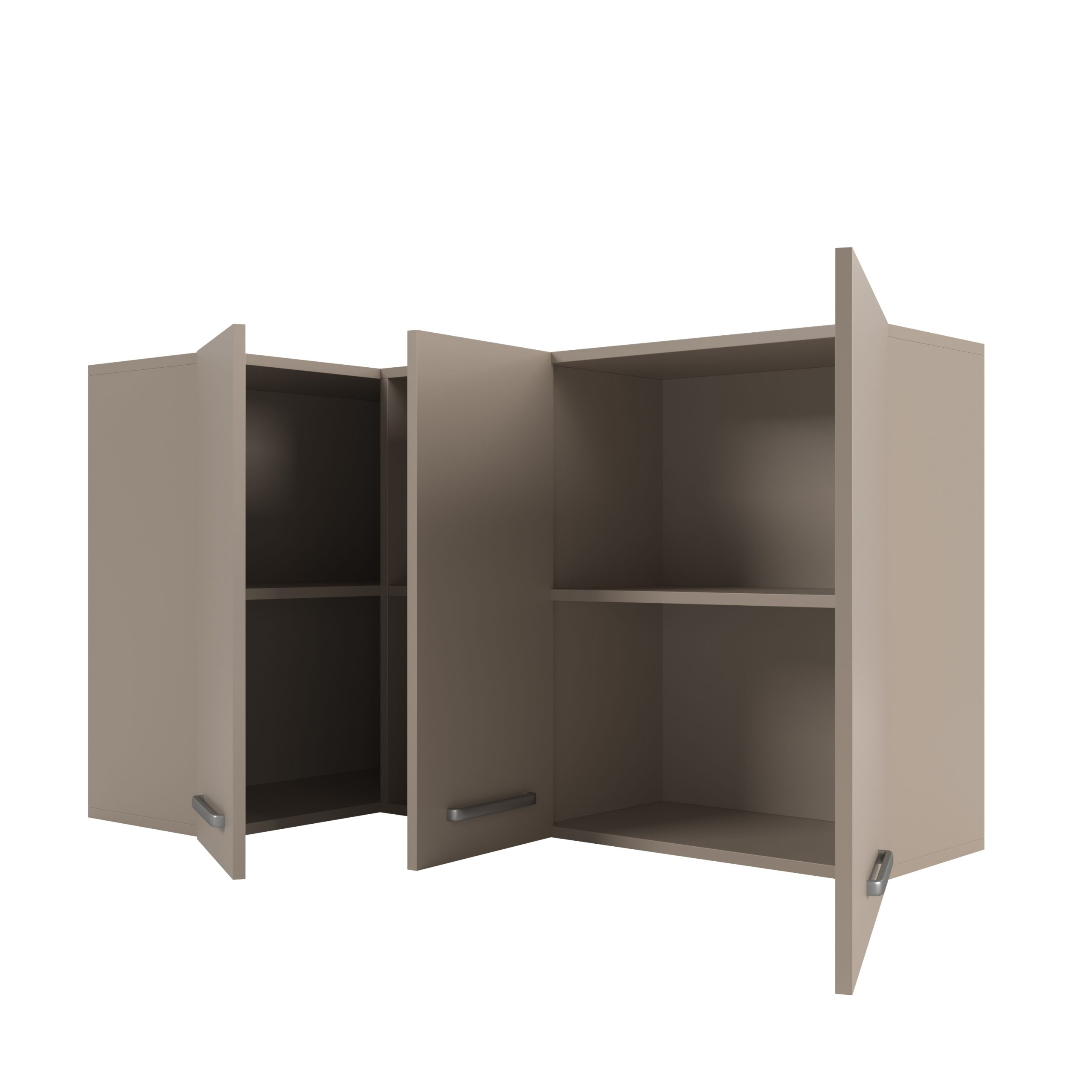 Ein beiges Ecken-Küchenhängeschrank mit offenen Türen und Regalen im Inneren.