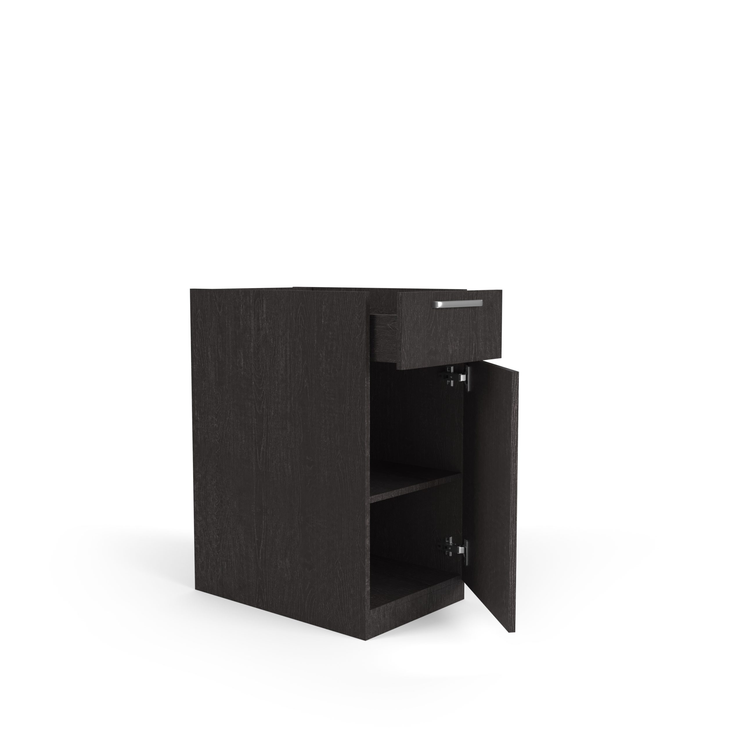 Dunkelbrauner Holzvollschrank mit offener Schublade und geöffneter Tür auf weißem Hintergrund.