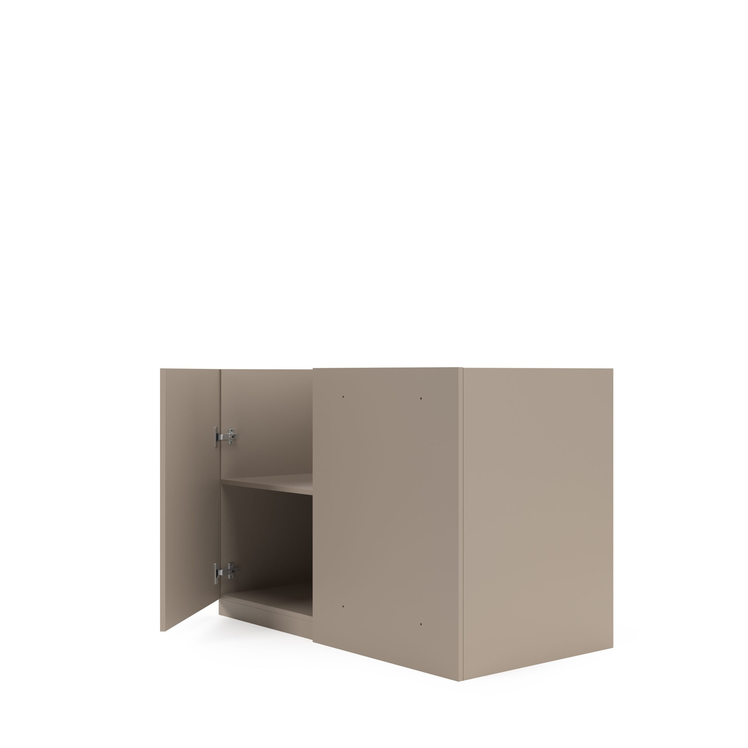 Ein beiger Hängeschrank mit einer offenen Tür und Einlegeboden.