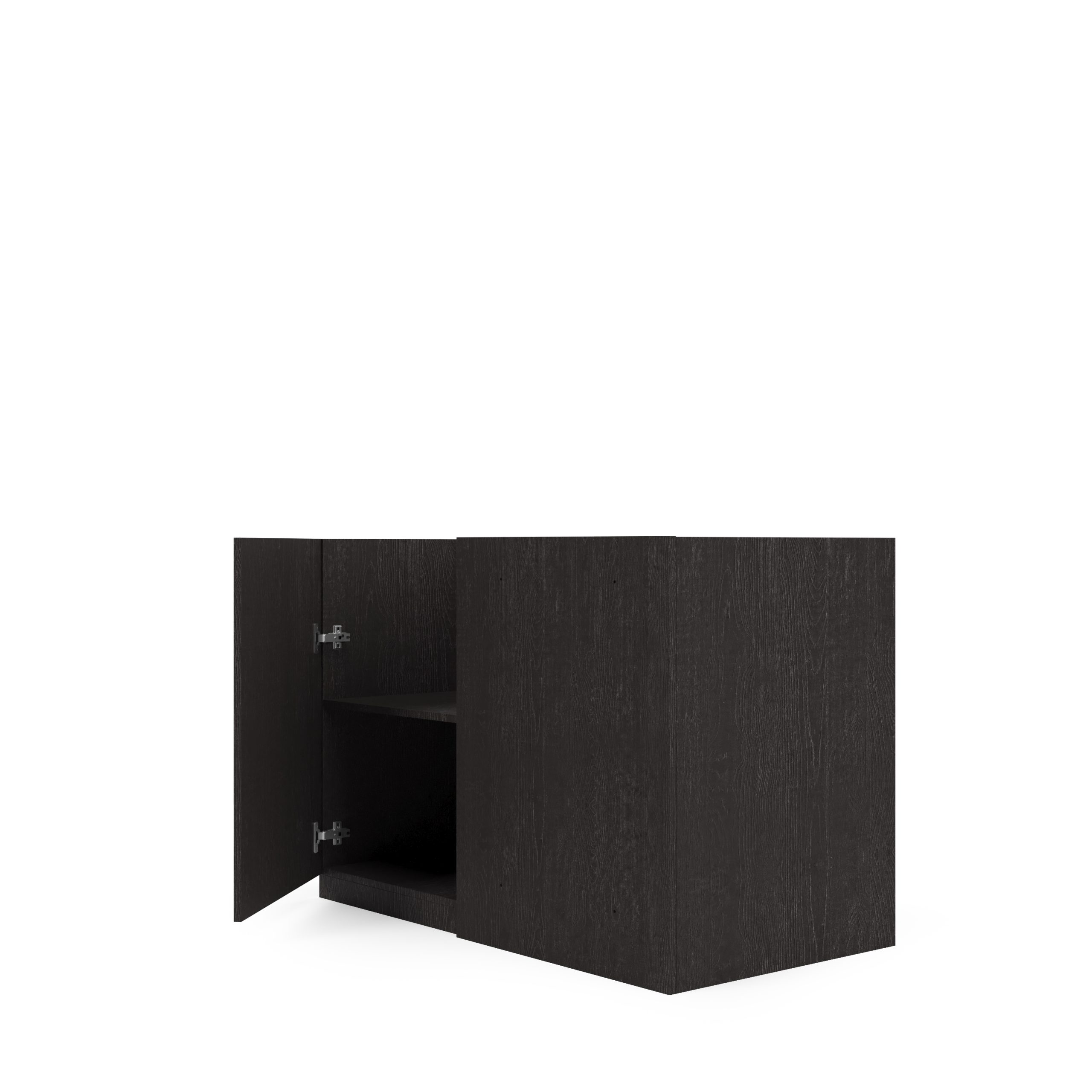 Ein schwarzer Holzschnitt-Schrank mit offener Tür und Innenregal auf weißem Hintergrund.