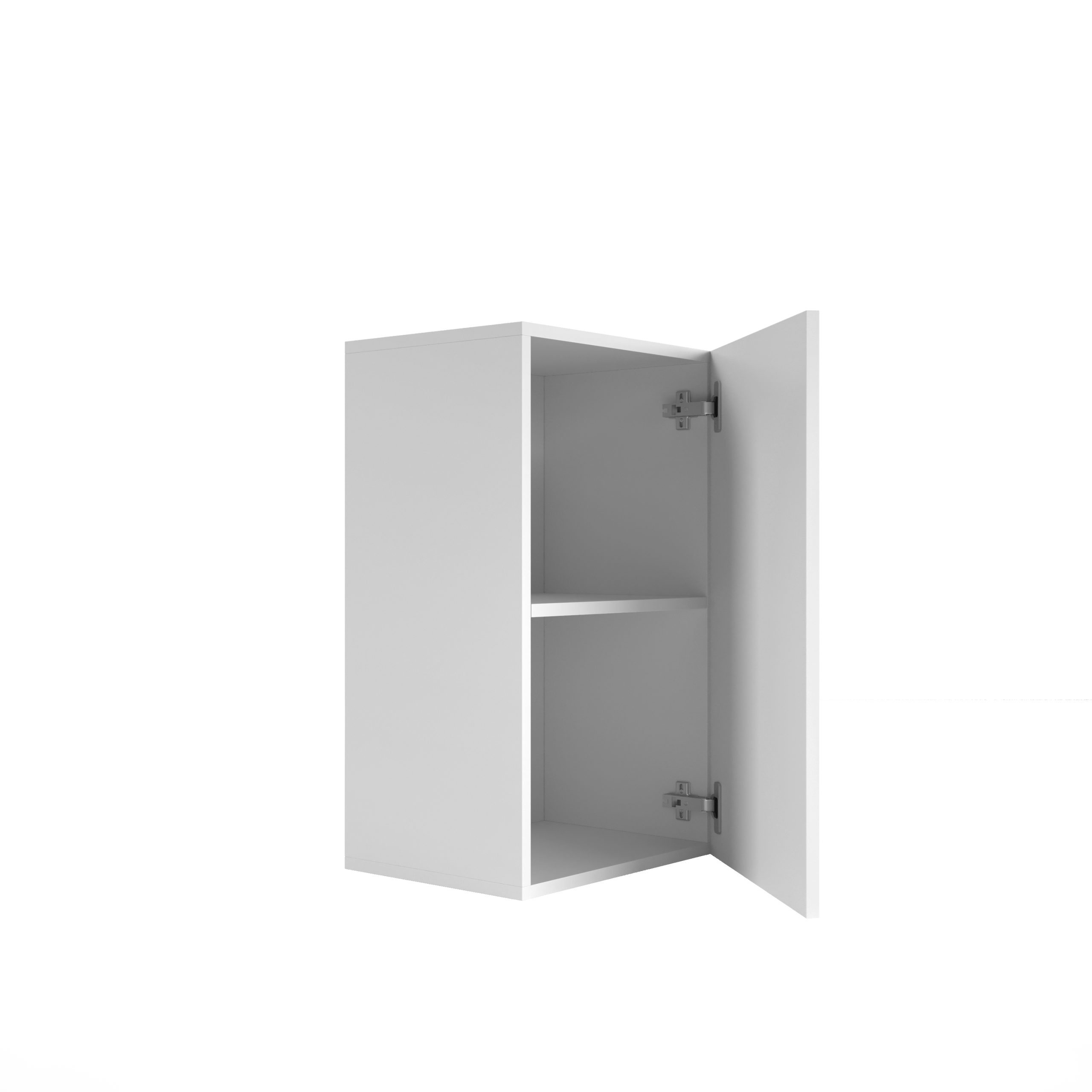 Ein weißer Wandschrank mit einer halboffenen Tür und einem Innenregal auf weißem Hintergrund.