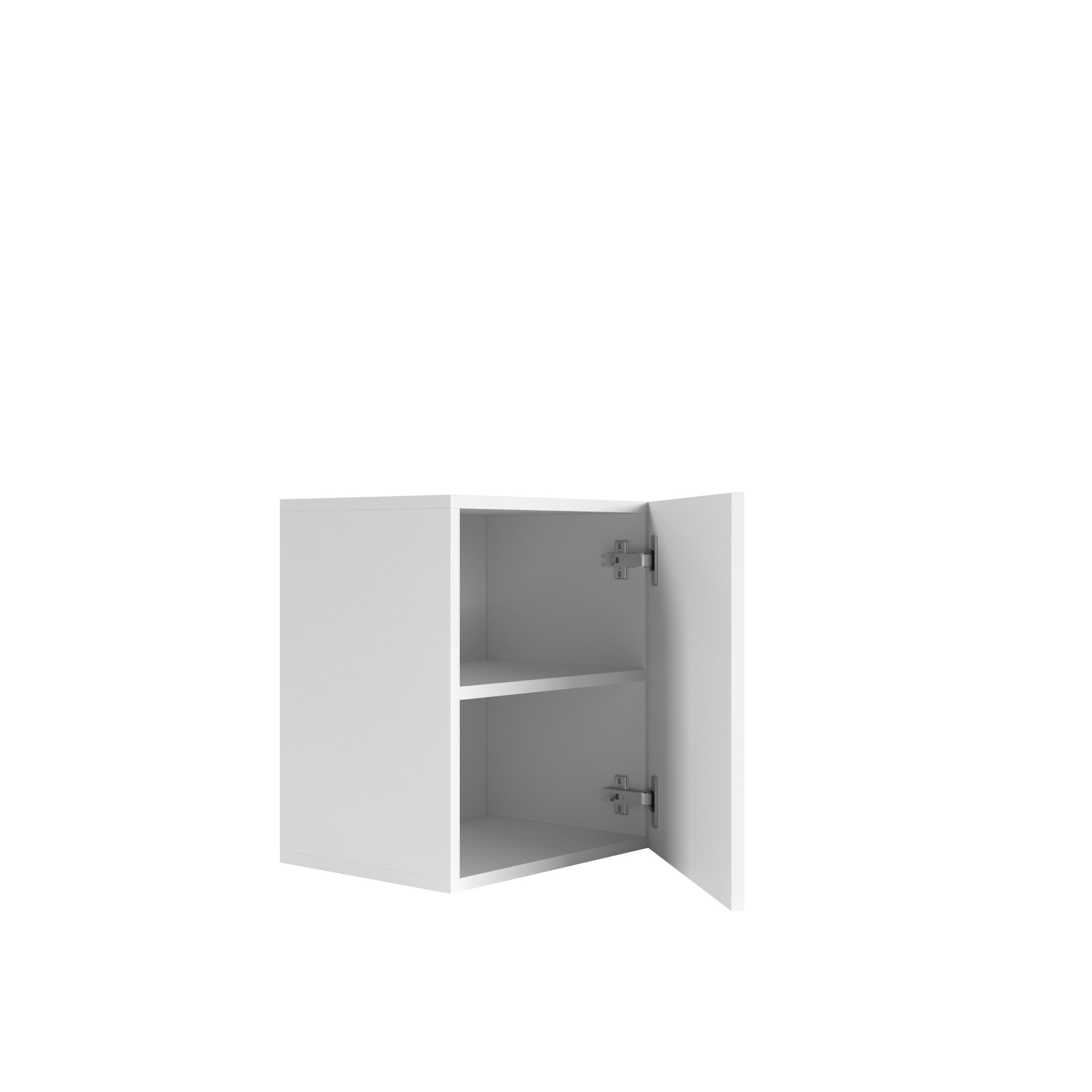 Kleiner weißer Hängeschrank mit einer halboffenen Tür und einem Innenregal auf weißem Hintergrund.