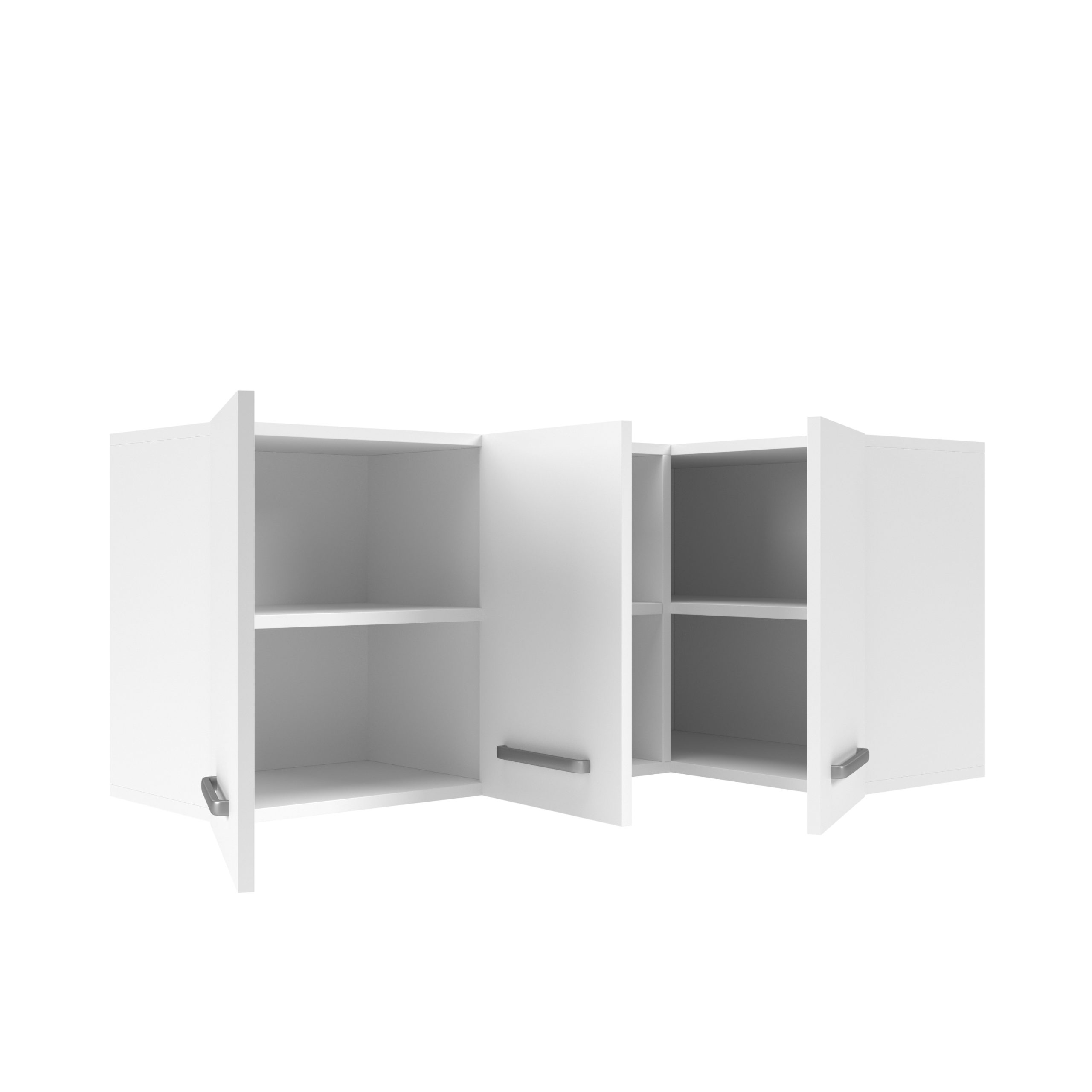Ein weißer Wandschrank mit offenen Türen und Regalböden auf weißem Hintergrund.