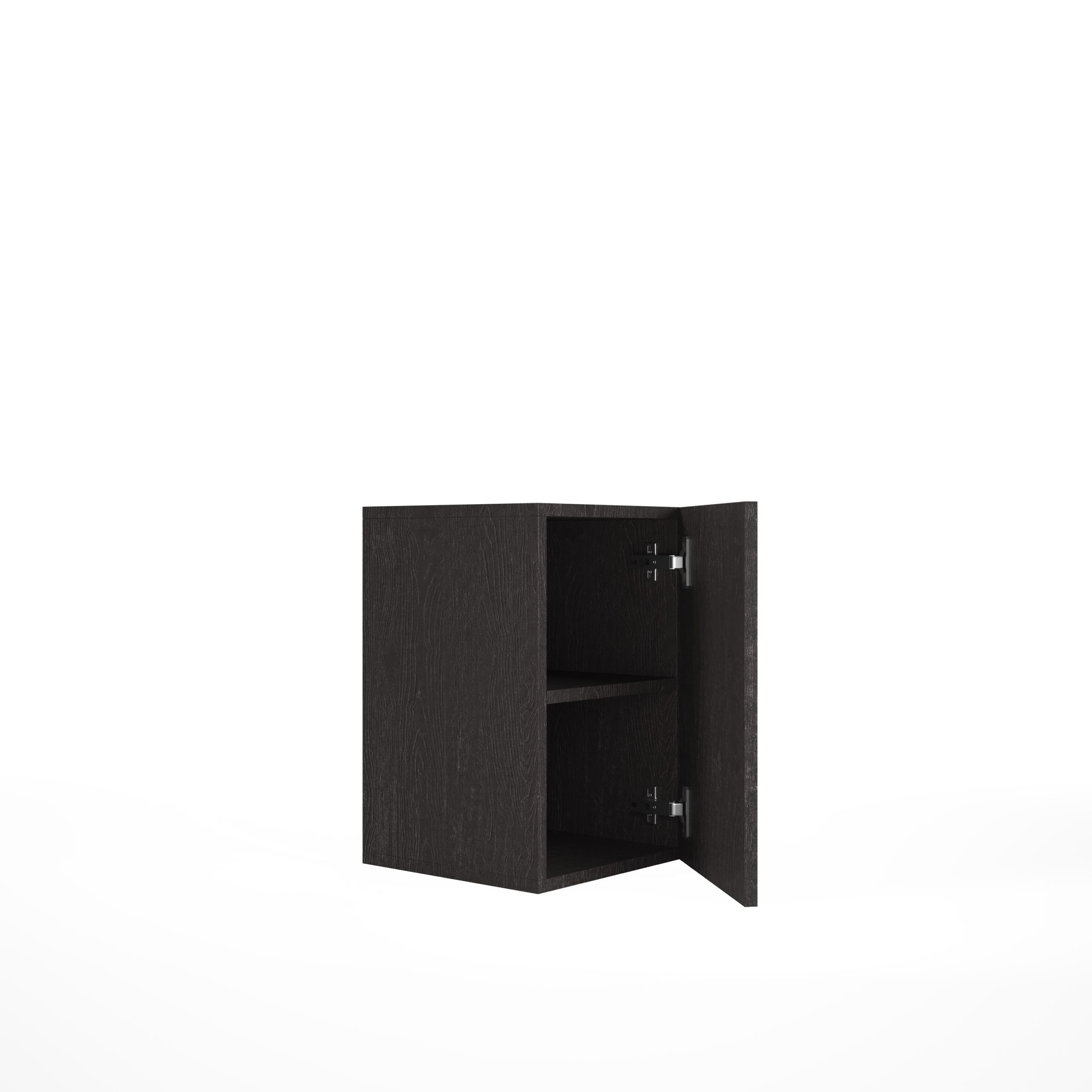 Ein kleiner dunkelbrauner Holzschrank mit geöffneter Tür und zwei Regalebenen vor weißem Hintergrund.