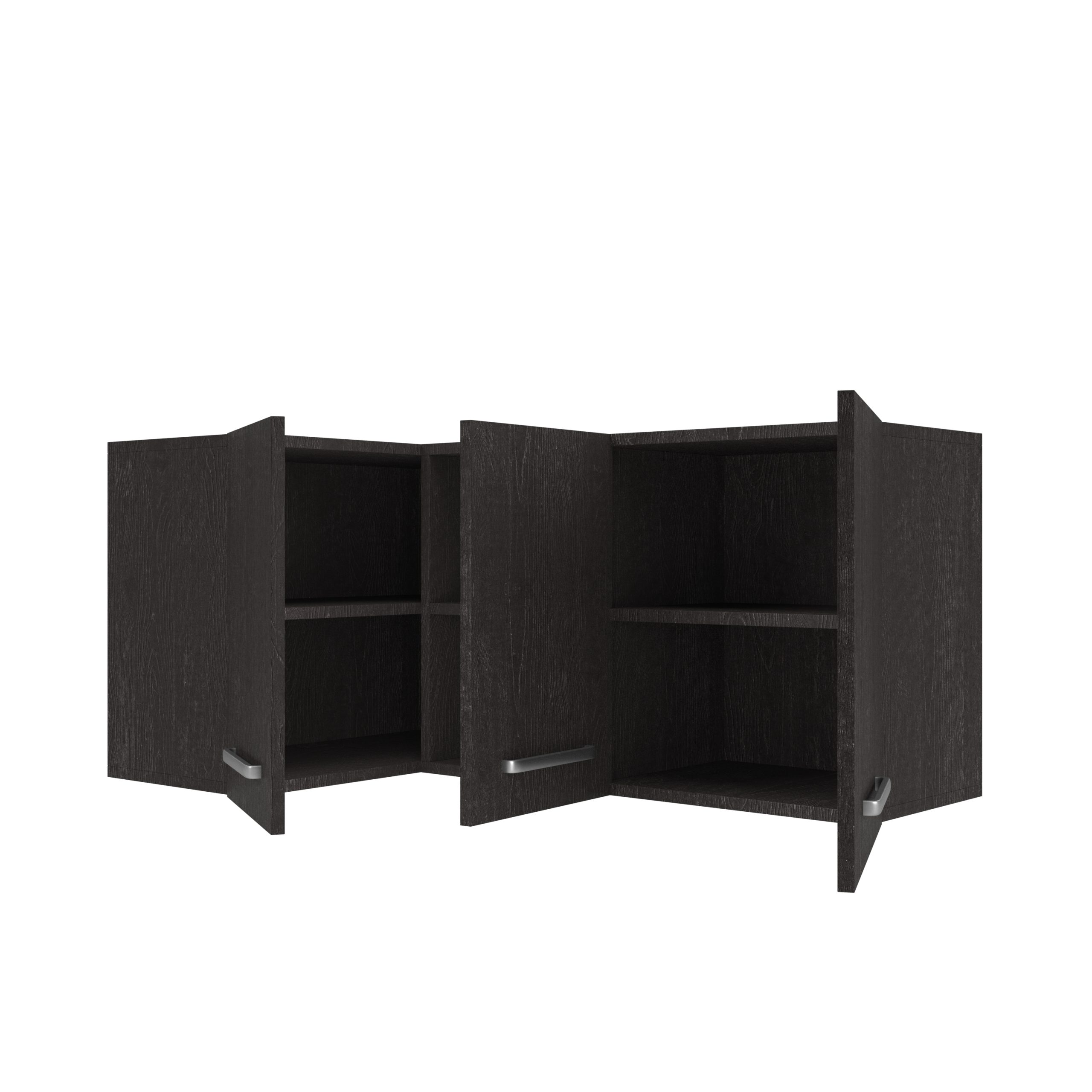 Dunkelbrauner Wandschrank mit offenem Eckdesign, Regalböden und silbernen Griffen.