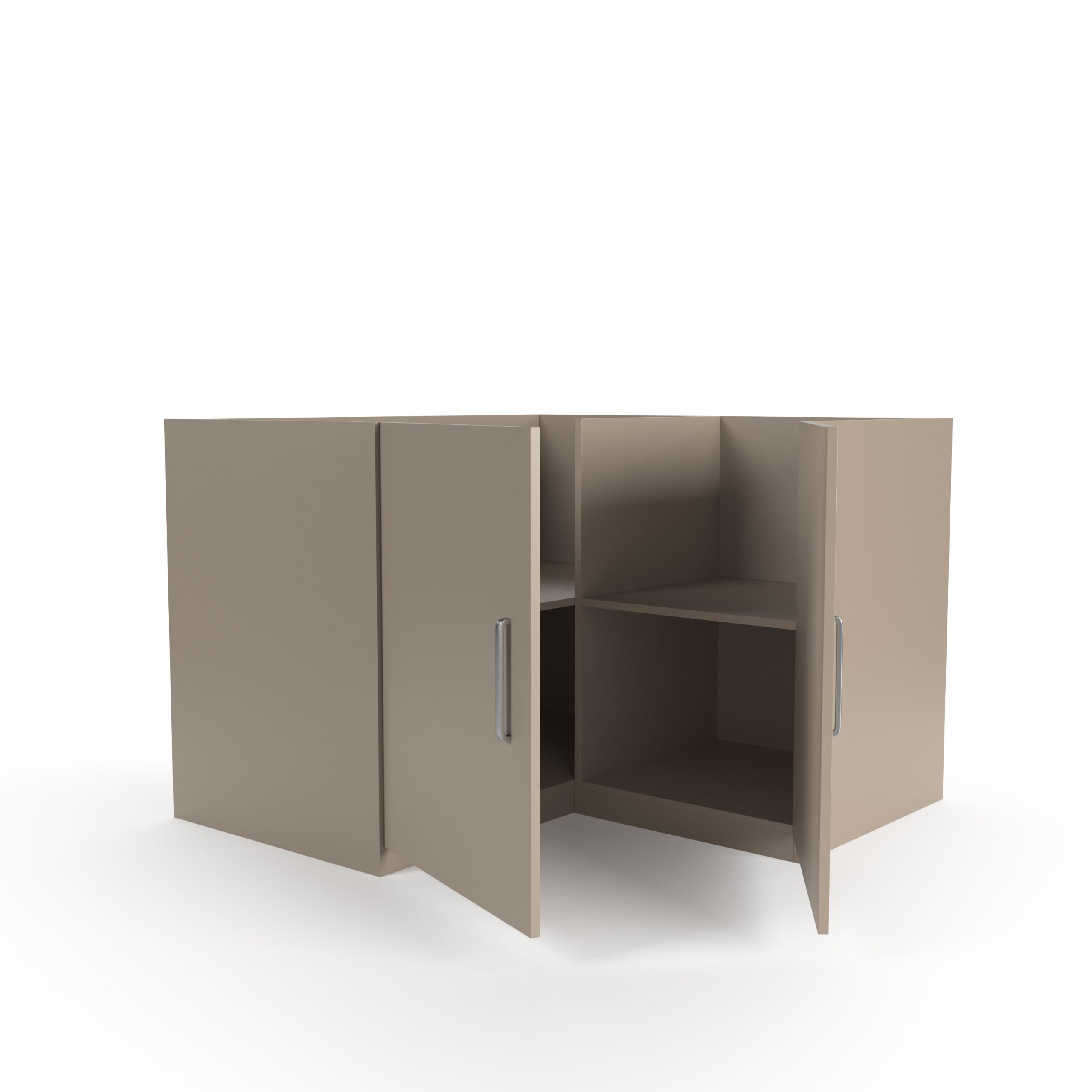 Ein beiger Eckschrank mit offenen Türen und Regalen auf weißem Hintergrund.