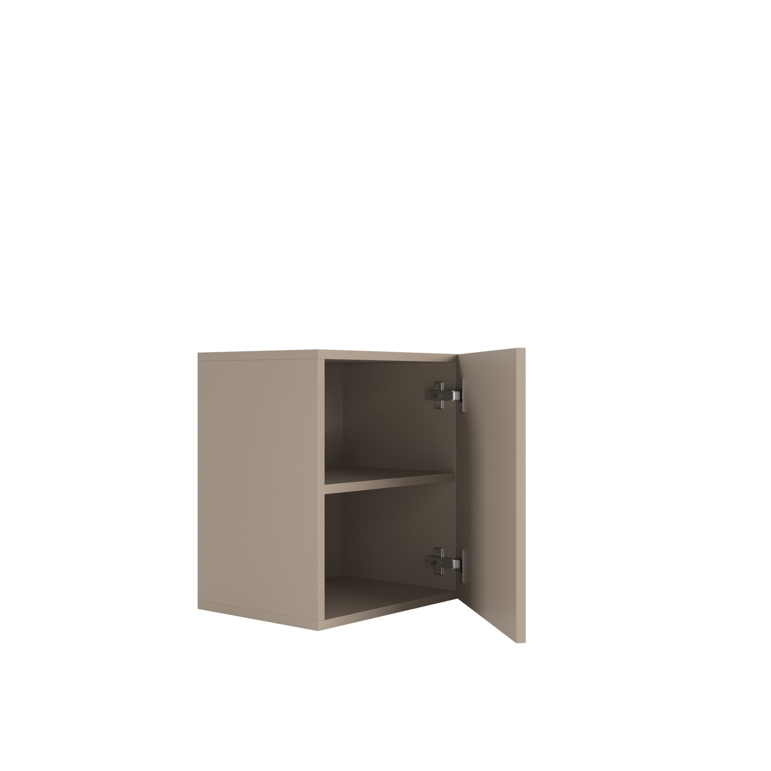 Ein beiger Wandschrank mit einer halboffenen Tür und einem Innenboden auf weißem Hintergrund.