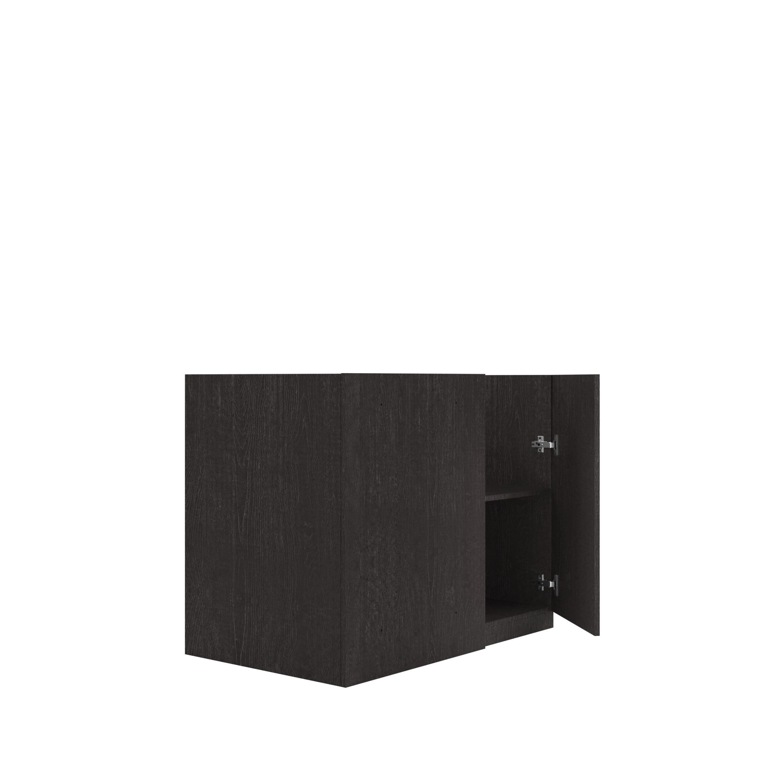 Ein dunkler Holz-Küchenschrank mit einer offenen Tür und einem inneren Regal auf weißem Hintergrund.