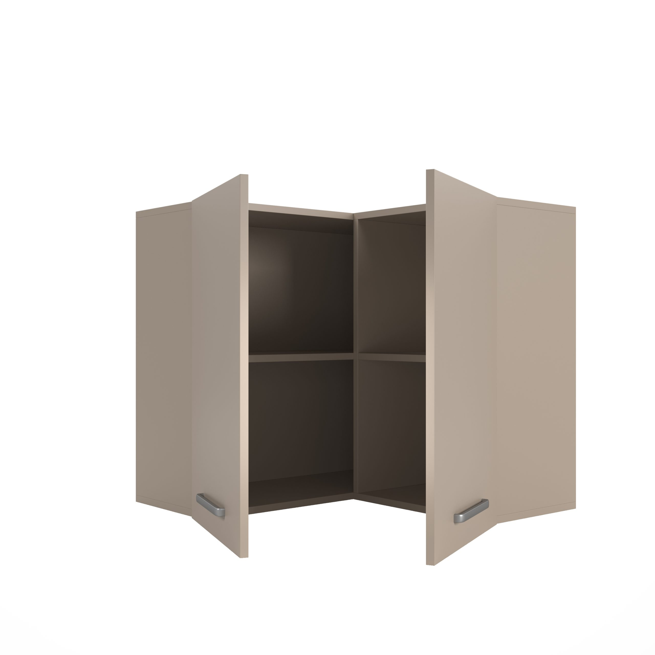 Ein beige Eckwandschrank mit geöffneten Türen und Regalen auf weißem Hintergrund.