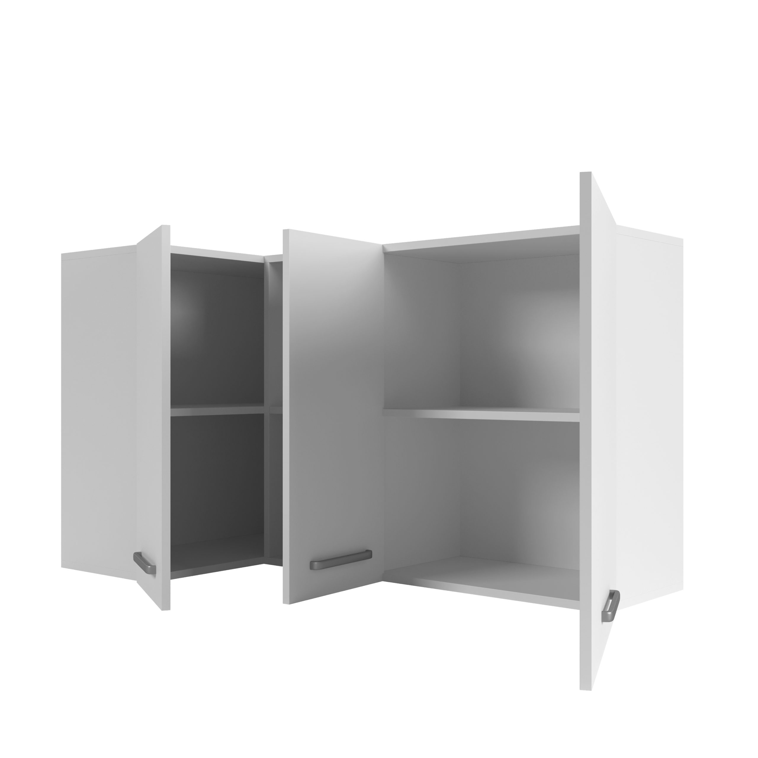 Ein weißer Wandschrank mit zwei offenen Türen und Regalböden im Inneren auf weißem Hintergrund.