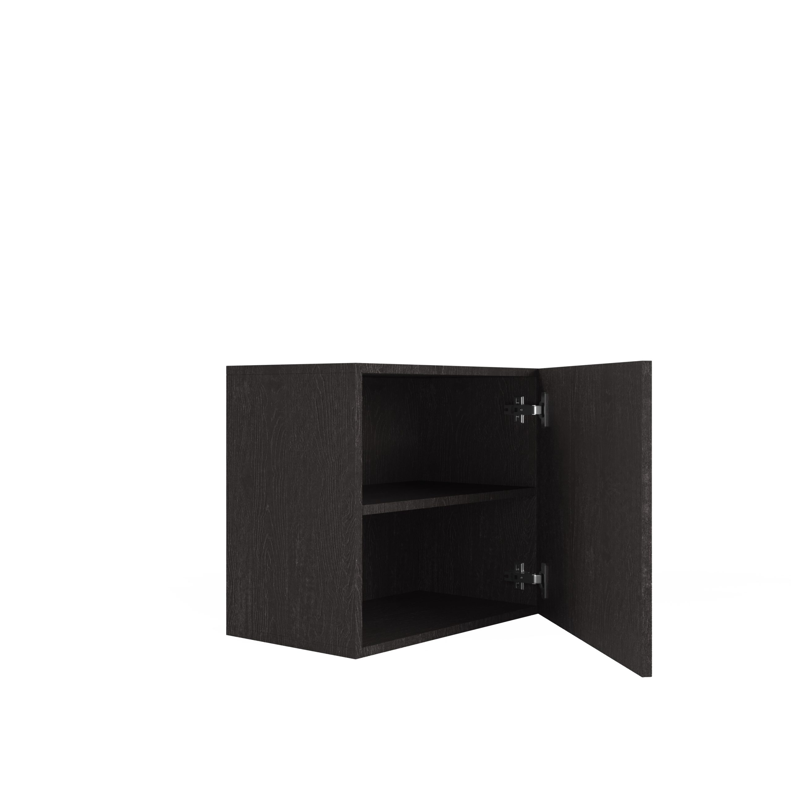 Ein kleiner, schwarzer Holzschrank mit einer geöffneten Tür und einem Innenregal auf weißem Hintergrund.