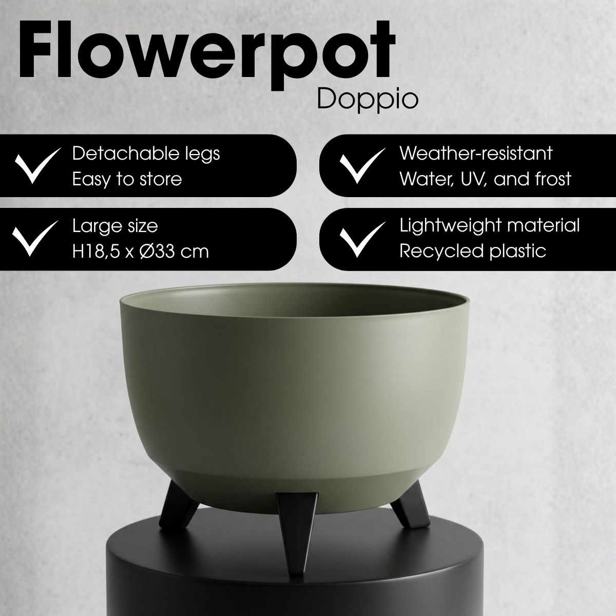 Pot de fleurs Doppio vert olive avec pieds noirs sur un support noir, entouré de blocs de texte.