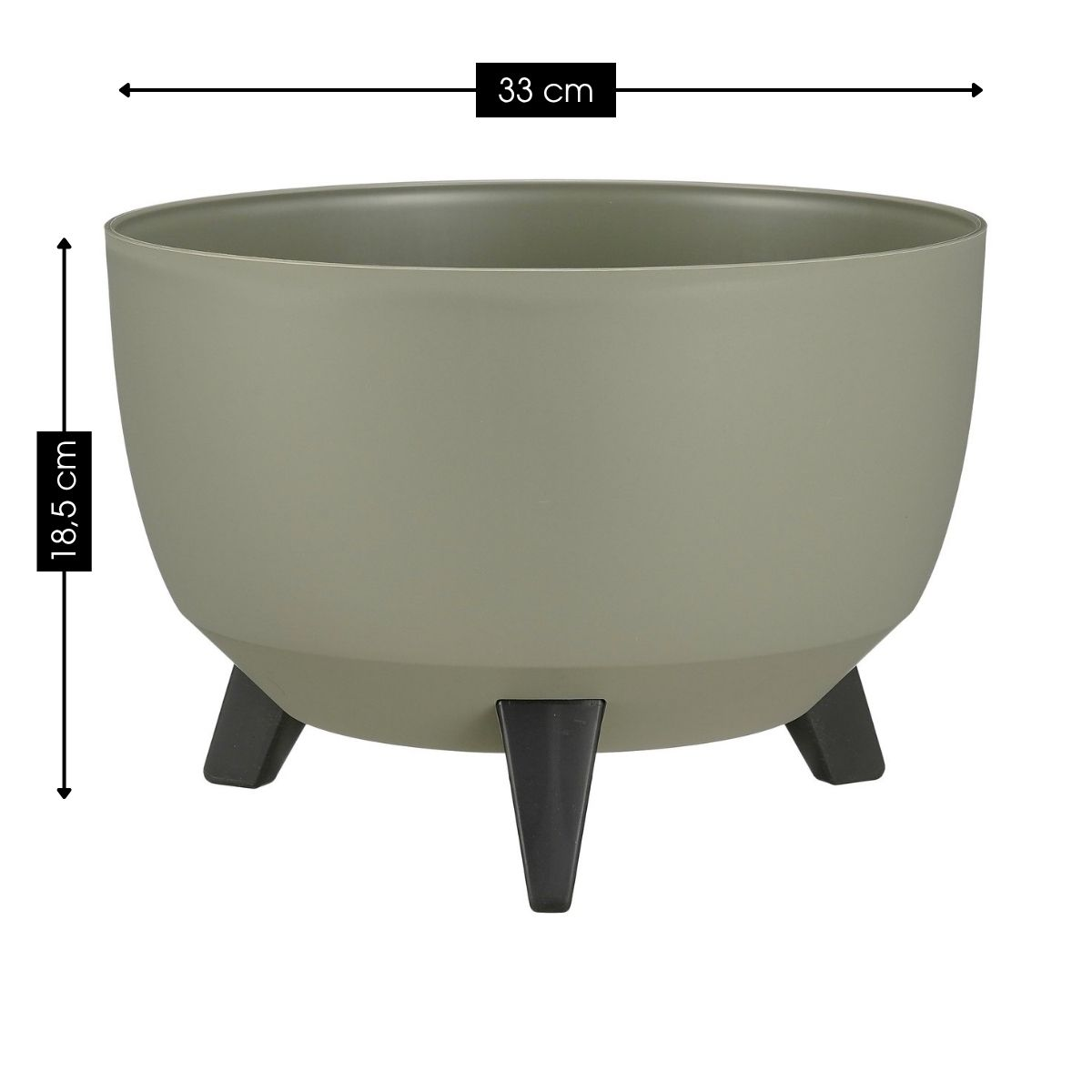 Pot de fleurs gris sur trois pieds noirs, de 33 cm de large et 18,5 cm de haut.