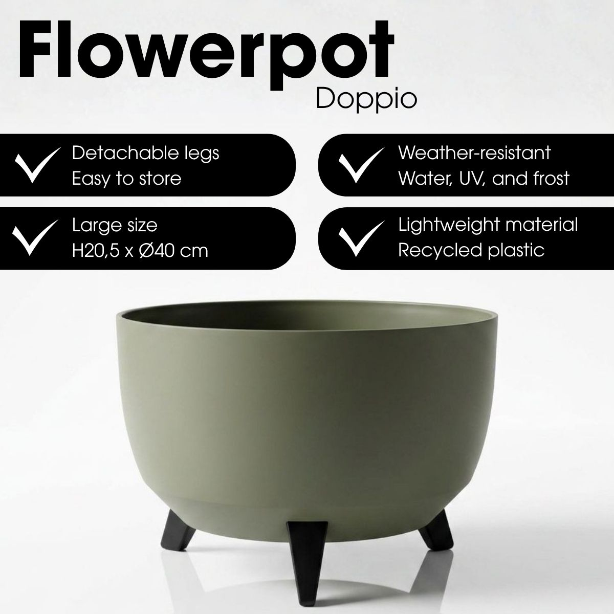 Pot de fleurs vert Doppio avec pieds noirs et quatre blocs de texte.