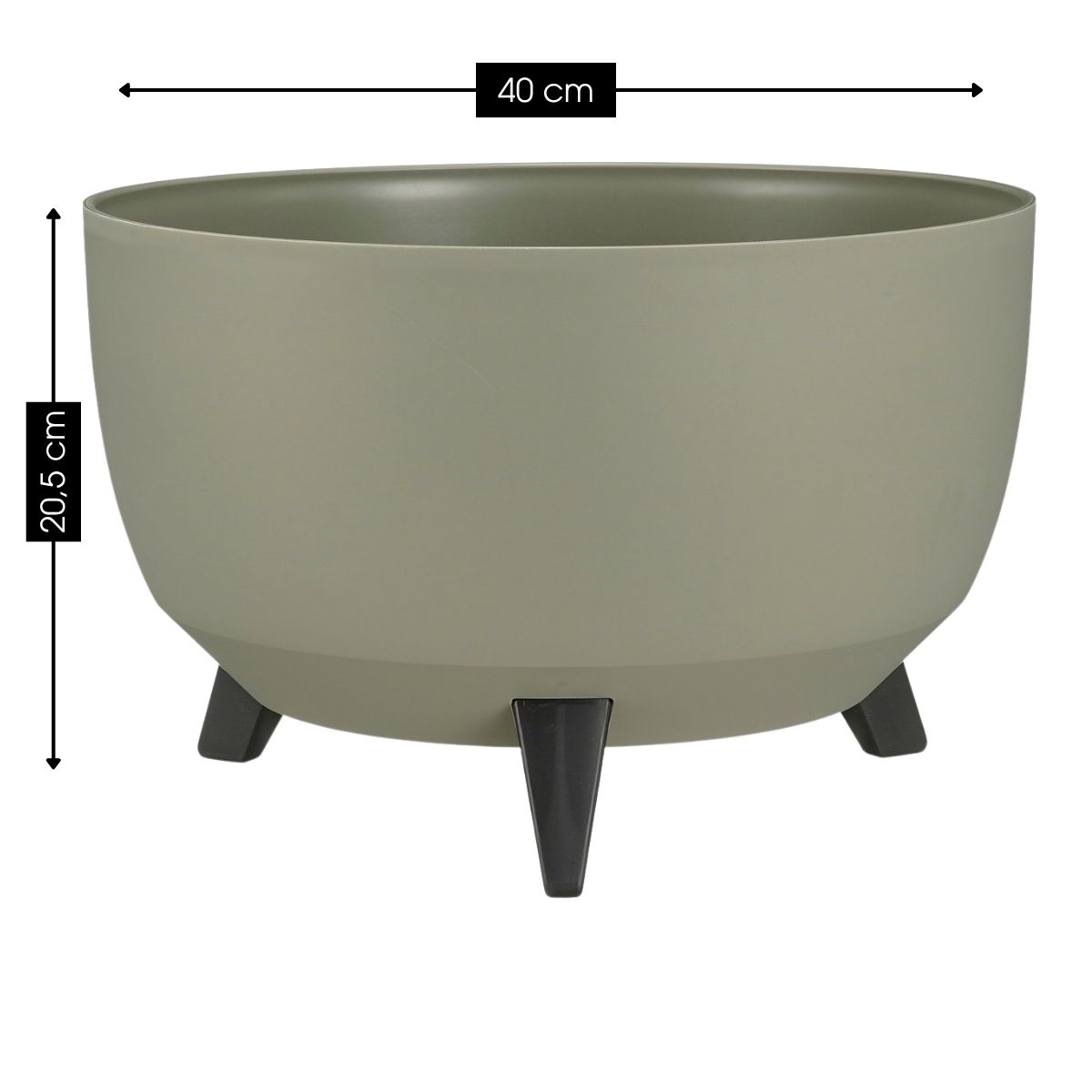 Jardinière ronde vert olive sur trois pieds noirs, mesurant 40 cm de large et 20,5 cm de haut.