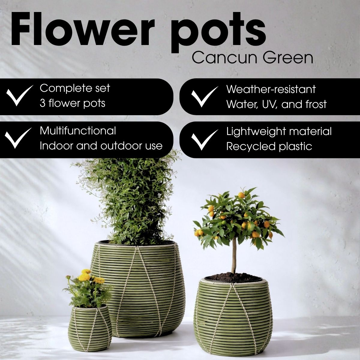 Trois pots de fleurs verts et résistants aux intempéries avec des plantes et du texte.